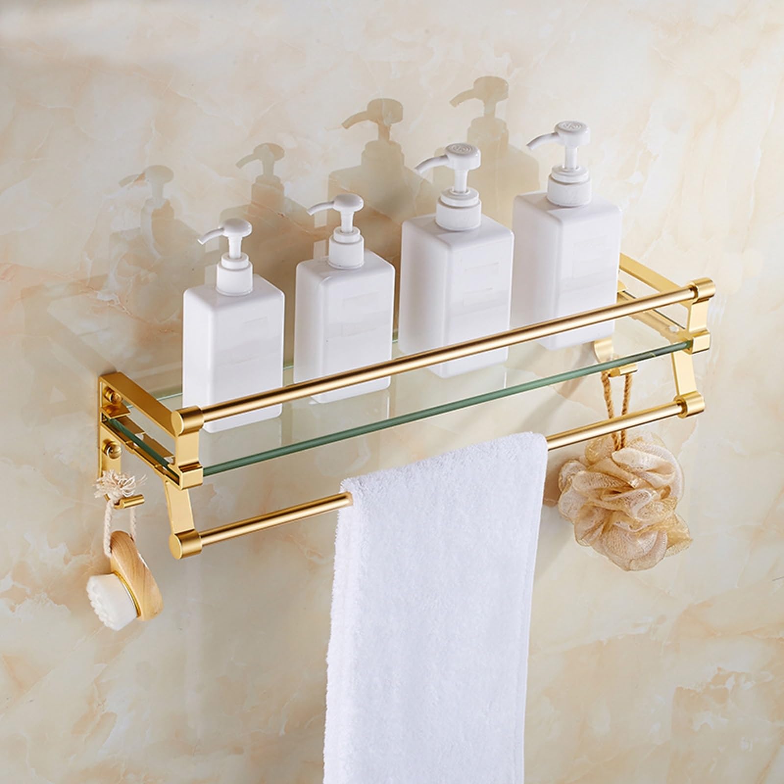 Porte-serviettes mural doré anti-encombrement avec étagère 40 cm