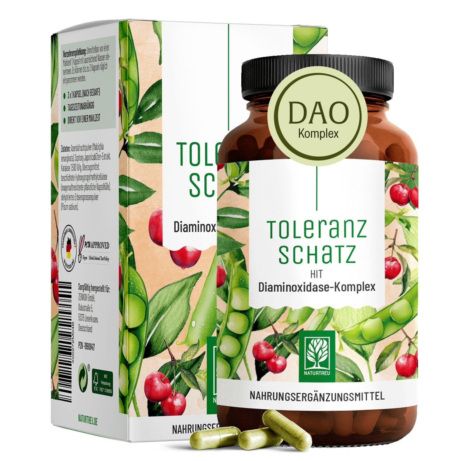 DAO Enzym Komplex mit Diaminoxidase aus Erbsen – 60 vegane DAO Kapseln – bei histaminreicher Ernährung – bis zu 60-Tage-Vorrat - NATURTREU® Toleranzschatz