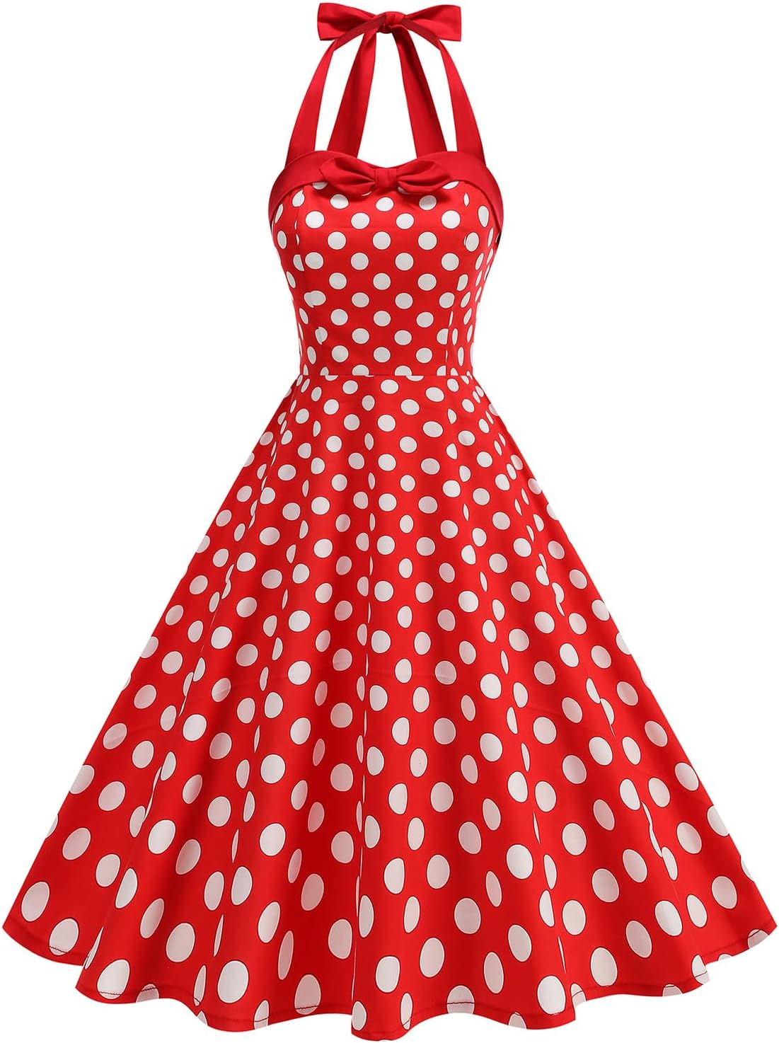 Women 1950s Retro Dress Polka Dots Halter Neck Midi Swing Dress for Vintage 50s Style Wedding Themed Party Holiday