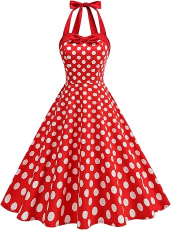 Women 1950s Retro Dress Polka Dots Halter Neck Midi Swing Dress for Vintage 50s Style Wedding Themed Party Holiday