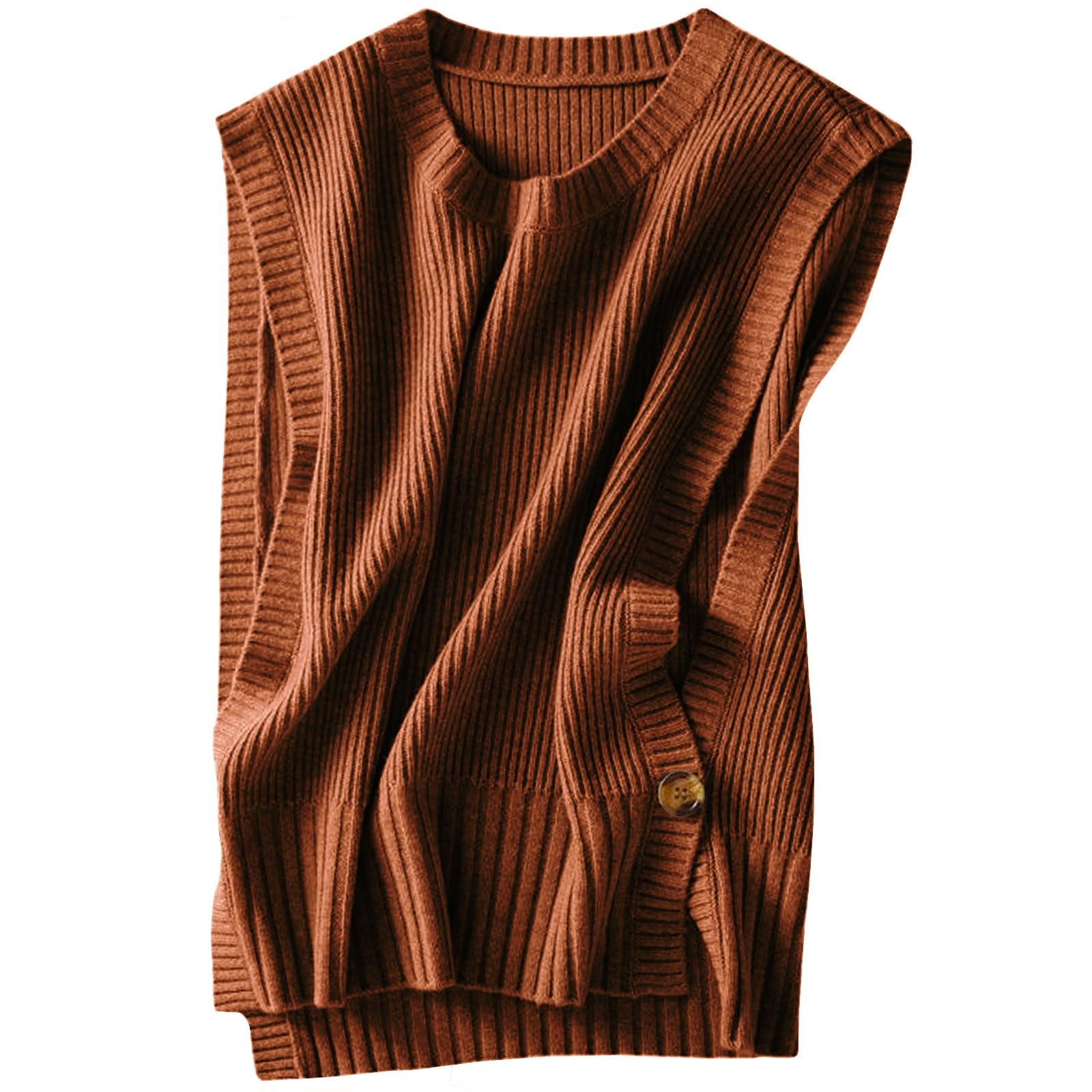 Wowcarbazole Womens Sweater Vest Casual Round Neck Sleeveless Pullover Knit High Low Hem Side Button Ribbed Vest Top