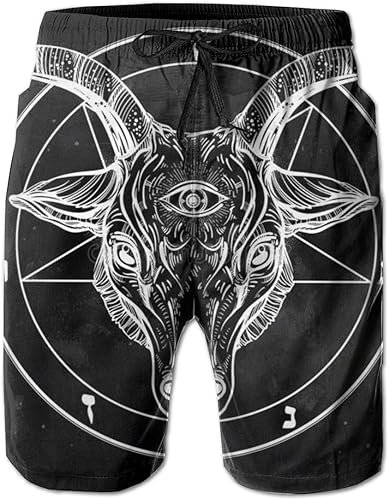 Traje de baño para hombre, pentagrama con Demon Baphomet, Satanic Goat, pantalones cortos de playa de secado rápido con bolsillos