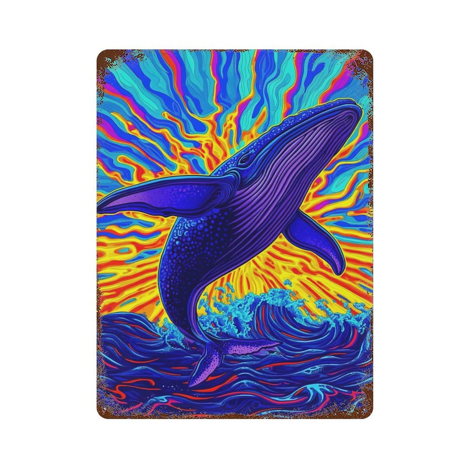 Rust Effect Psychedelic Whale Vintage Rust Metal Sign 15.7"x11.8", Farmhouse Wall Decor for Basement, Hobby Room And Garage Decor