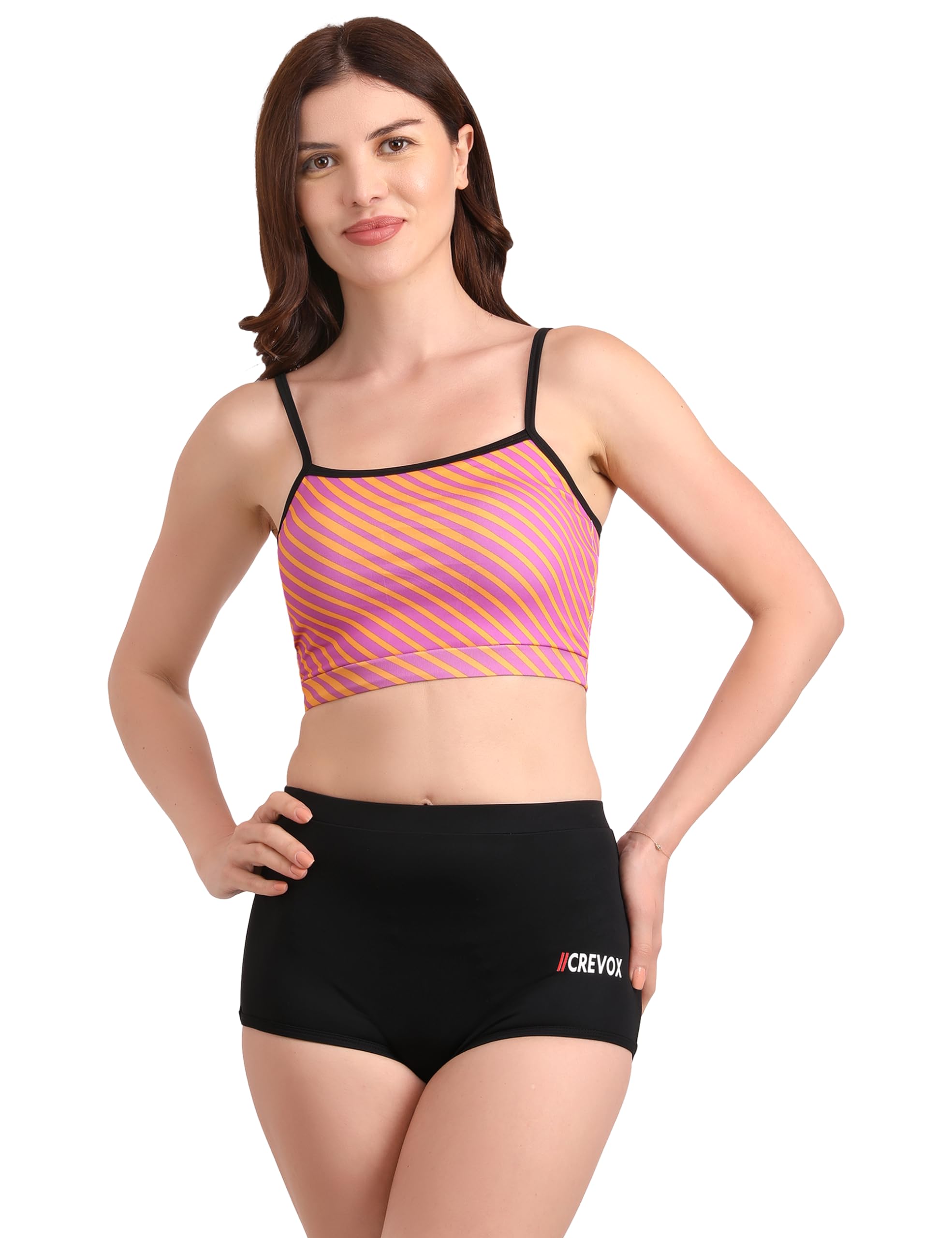 CREVOXStriped Two Piece Swim Suit Set | Swimwear with Black Bottom | Removable Chest Pads