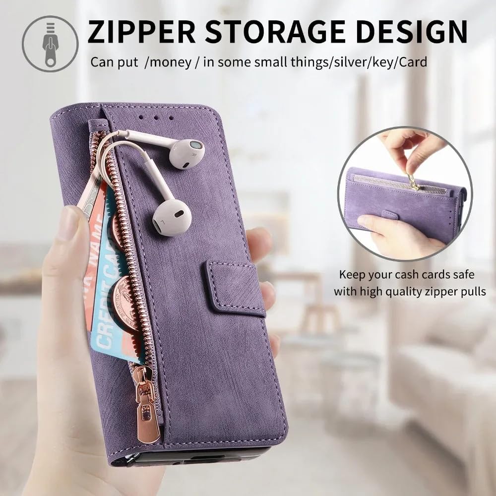 Solt Wallet Phone Case para Samsung Galaxy Z Fold 6 5 4 3 Fold6 Fold5 Fold4 Fold3 5G Funda de Cuero 2 en 1 con Cremallera Desmontable, Púrpura, para Galaxy Z Fold 6