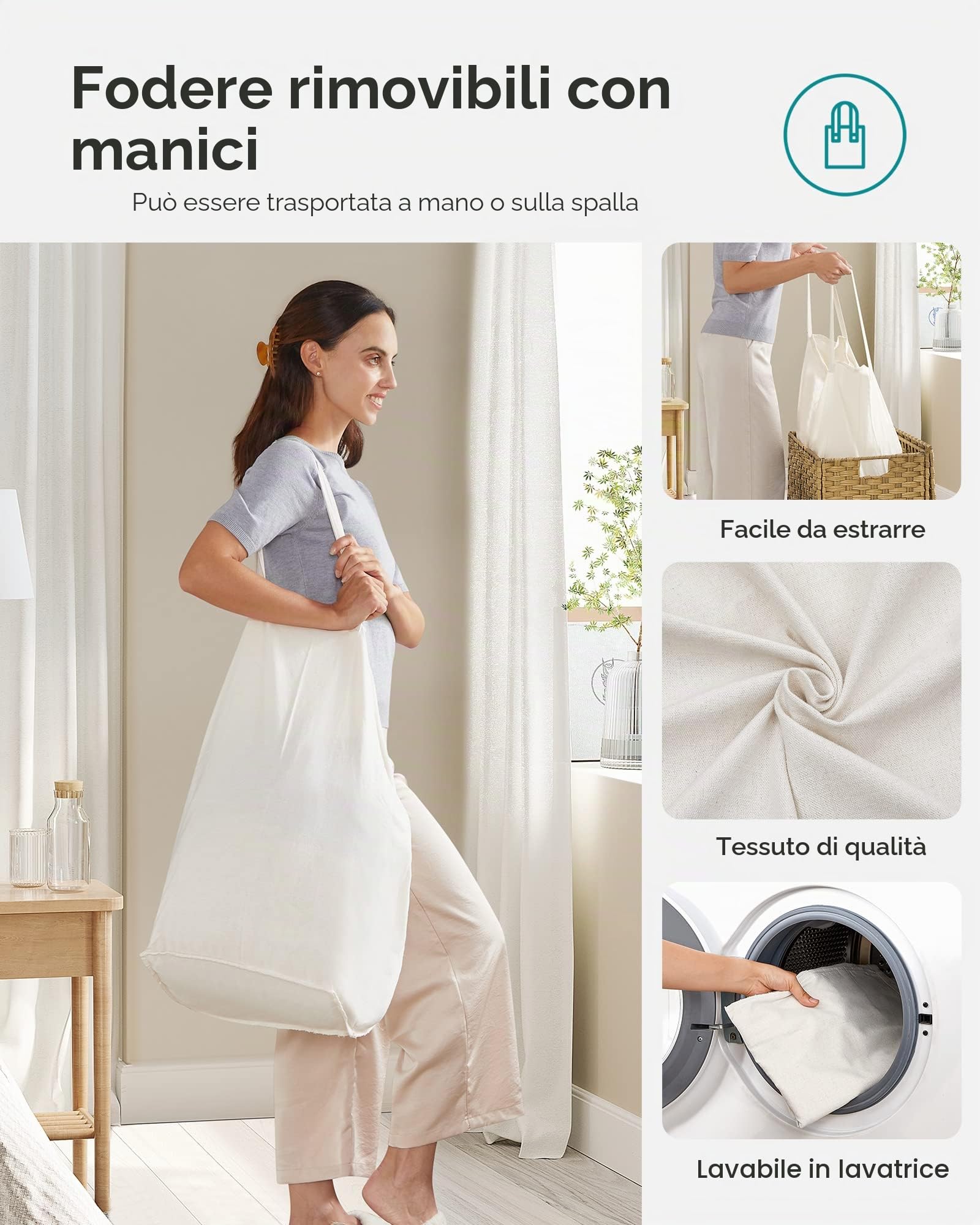 SONGMICS Cesto portabiancheria con coperchio, cesto per biancheria da 90 l, con 2 sacchetti rimovibili e 6 sacchetti in rete, cesto portabiancheria in vimini, doppio cesto portabiancheria per bagno,