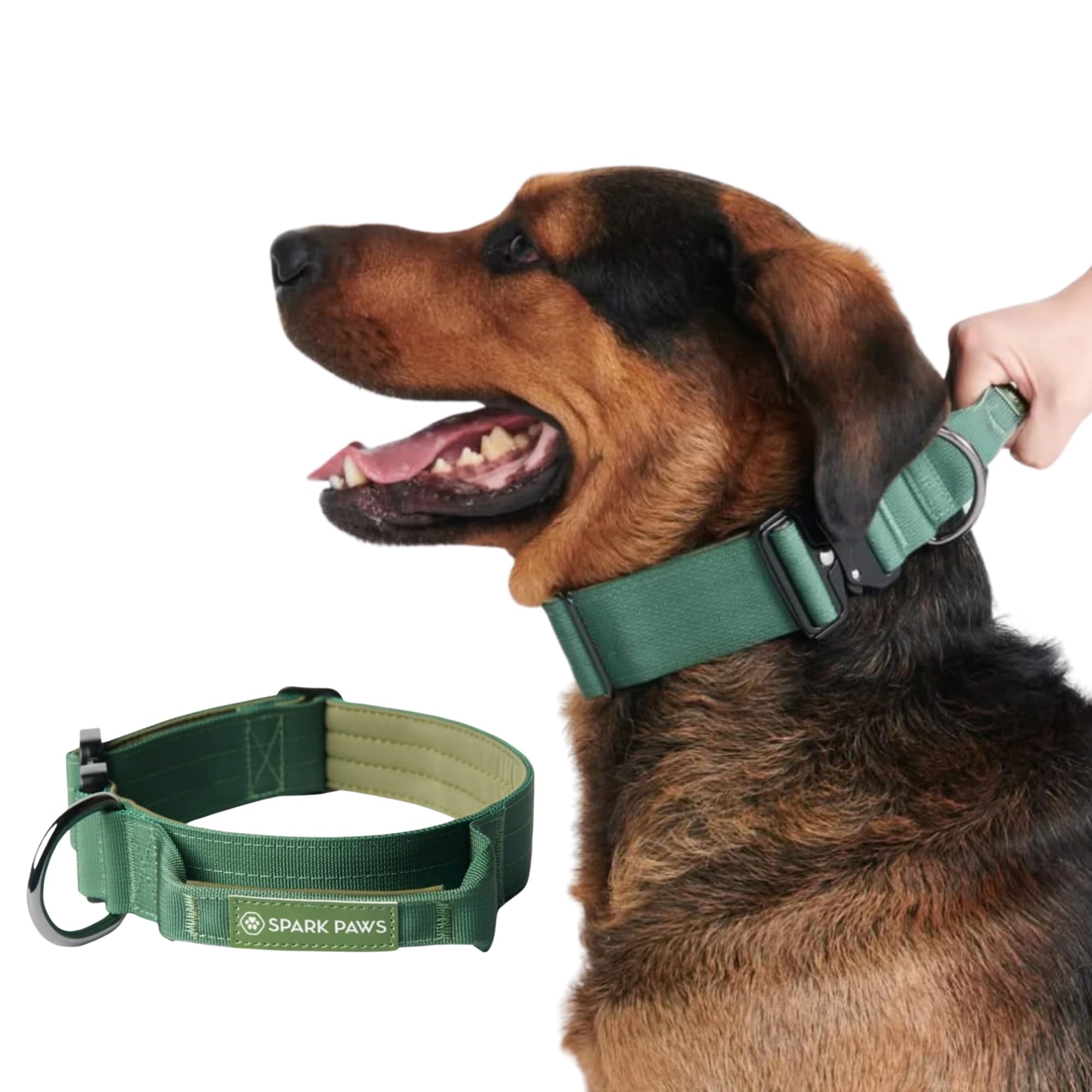 Spark Paws Tactical Dog Collar - Heavy Duty, Premium Quality, Thick and Durable for Large and Medium Dogs - Solid Green - S