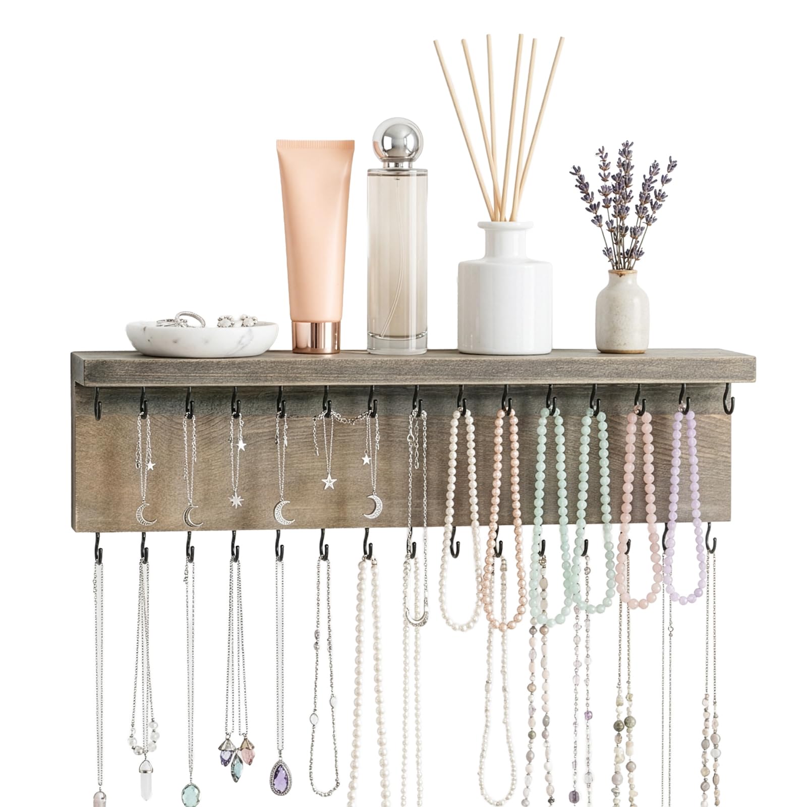 SUNNYNEST Jewelry Organizer with 30 Hooks & Storage Shelf, 38 x 10 x 8 cm Wall Mounted Rustic Pine Wood Necklace Holder for Bracelets, Rings & Cosmetics, Space Saving for Kids & Adults (Grey)