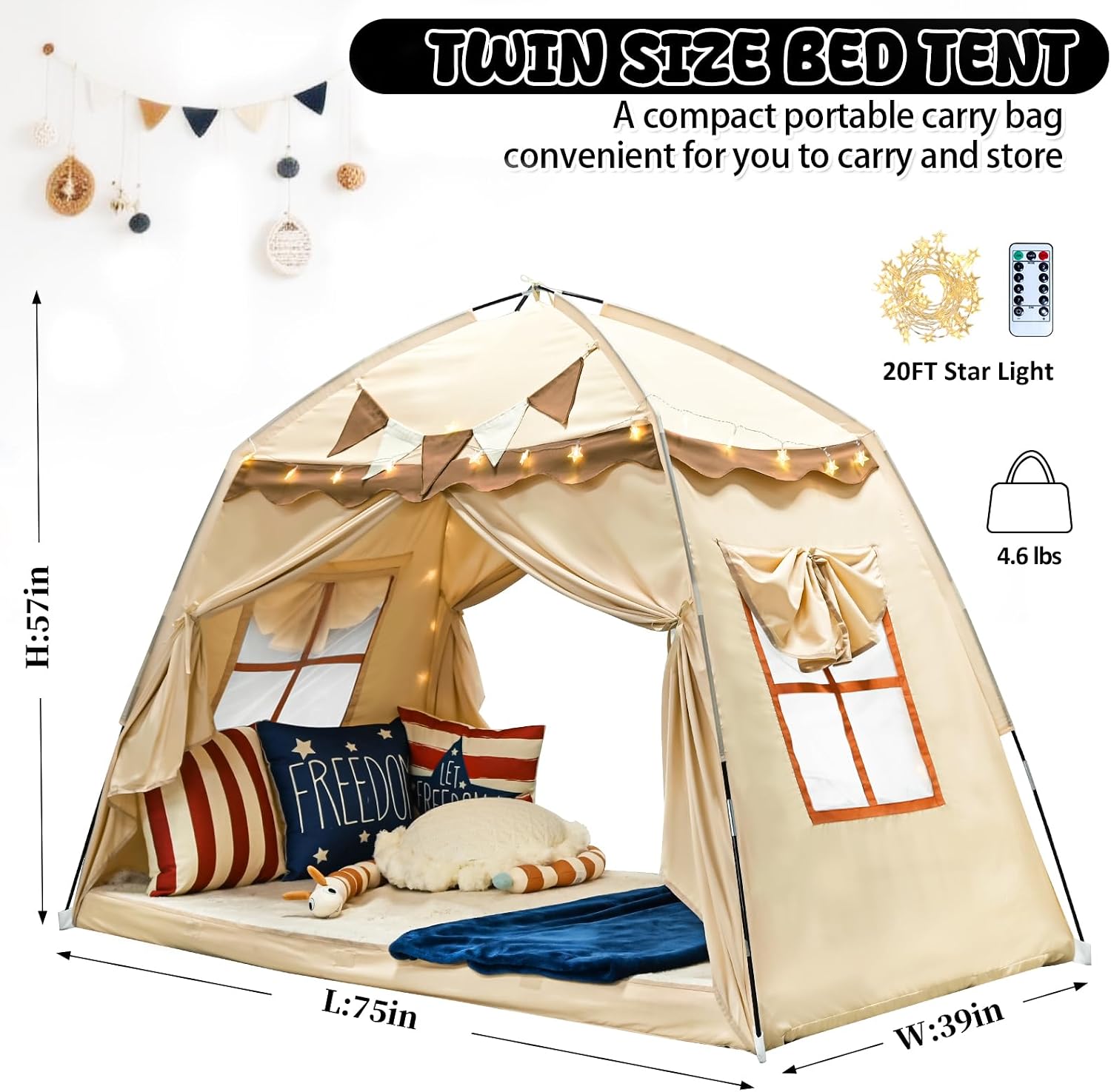 RIYDH Kids Bed Tent Canopy Twin with String Light 80% Blackout Portable Breathable Privacy Dream Tent, Indoor Camping Sleeping Tents for Girls Boys Play Original Design Drafty Cottage Room Floor Use