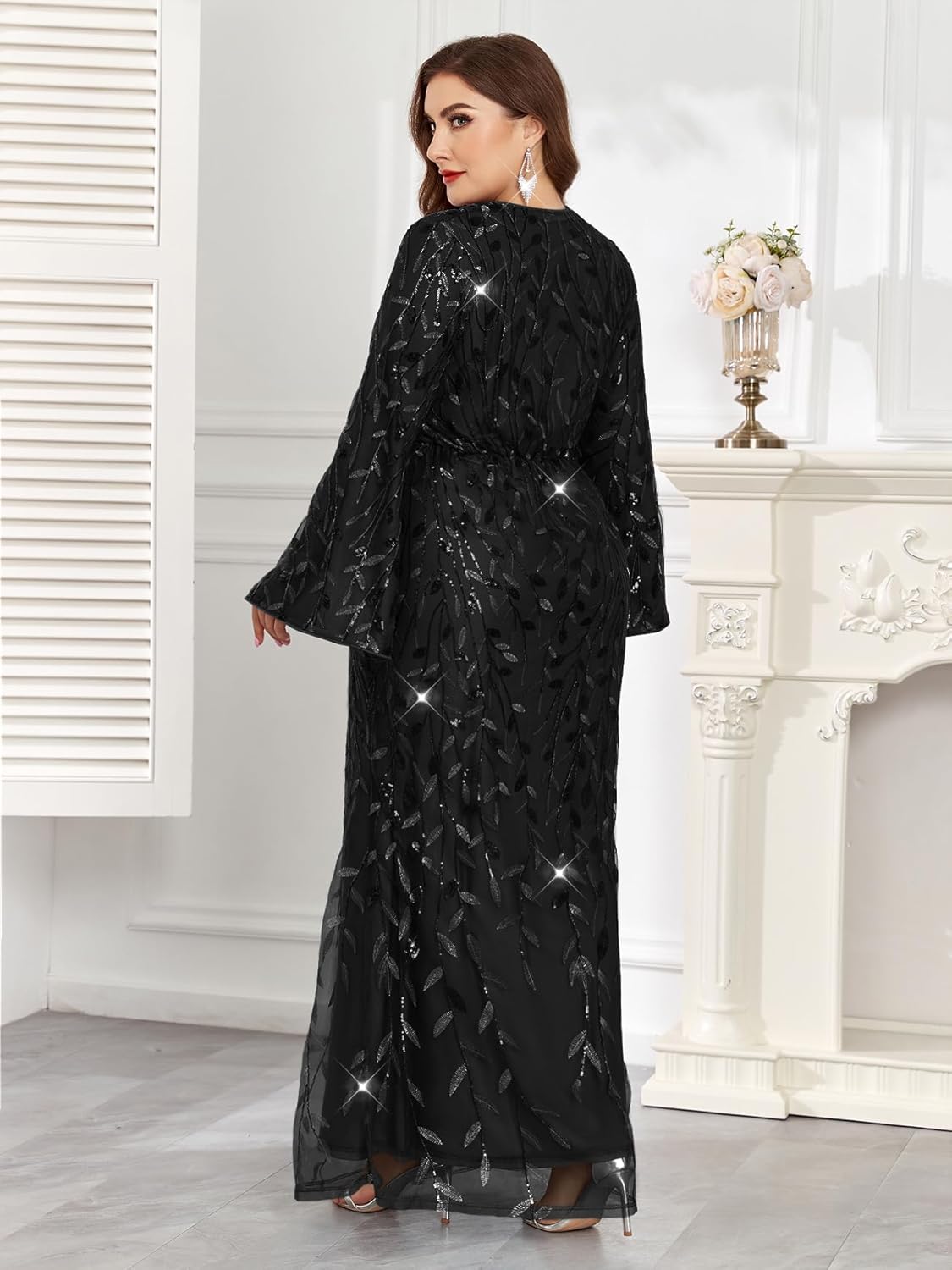Plus Size Formal Dresses Long Flared Sleeve V-Neck Evening Gowns Wedding Guest Sequin Embroidery Prom Maxi Dress - Image 6