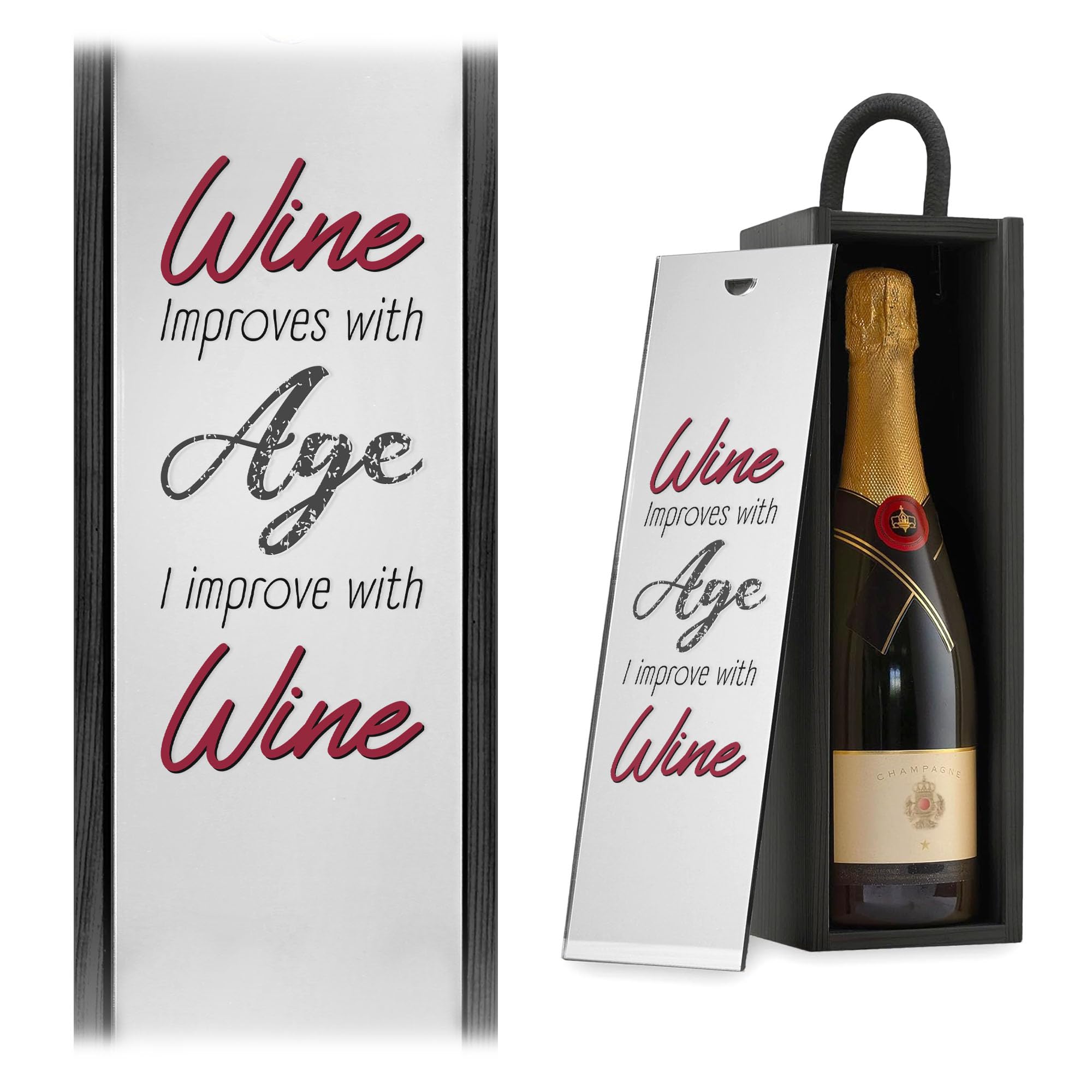 A1 Graphics Ltd Wine Improves With Age I Improve With Wine Funny Wine Gift Box Champagne Box Novelty Birthday Gift Humour Present (Silver, Natural Box)