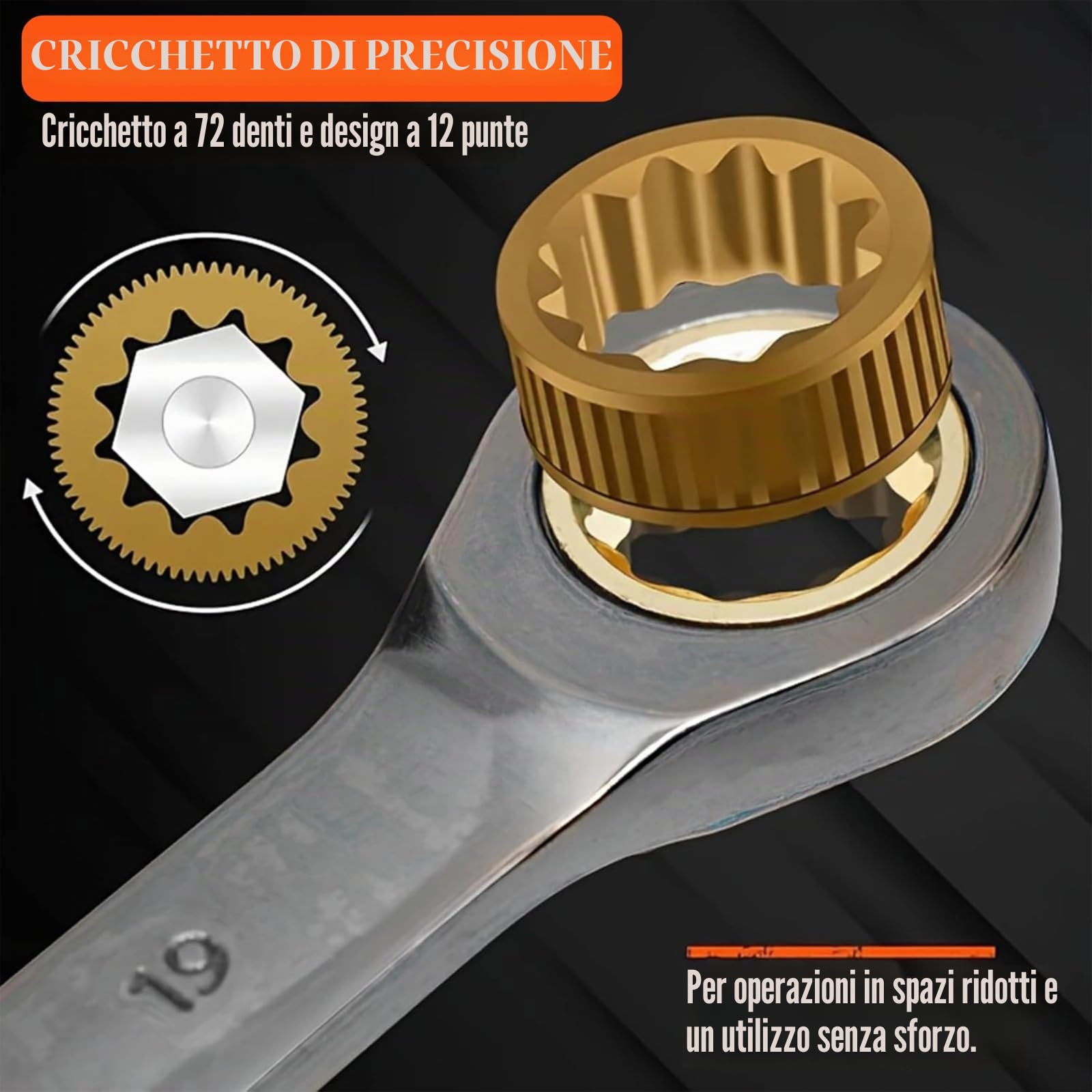 Set di 12 chiavi a cricchetto con 72 denti, 8-19mm, chiavi a cricchetto metriche con testa fissa, set di chiavi a cricchetto in acciaio Cr-V, strumento professionale per auto e casa