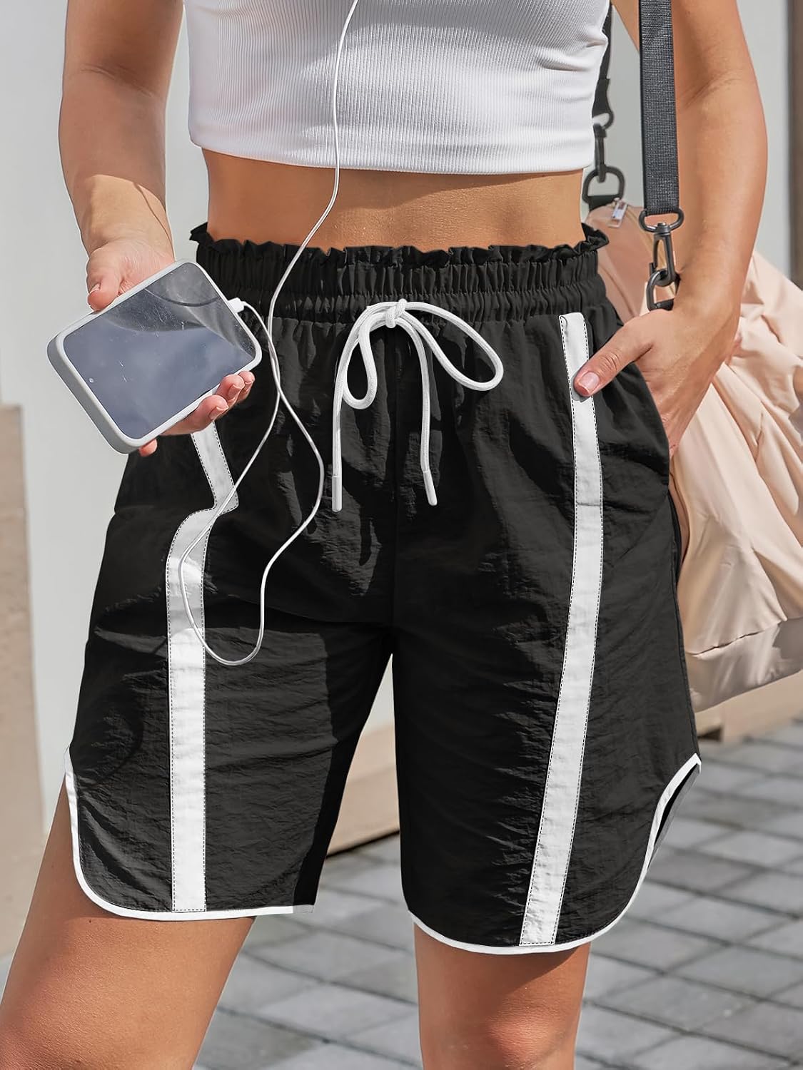 Fisoew Womens Baggy Cargo Shorts Casual Wide Leg Knee Length Drawstring Elastic Waist Workout Running Athletic Yoga Shorts
