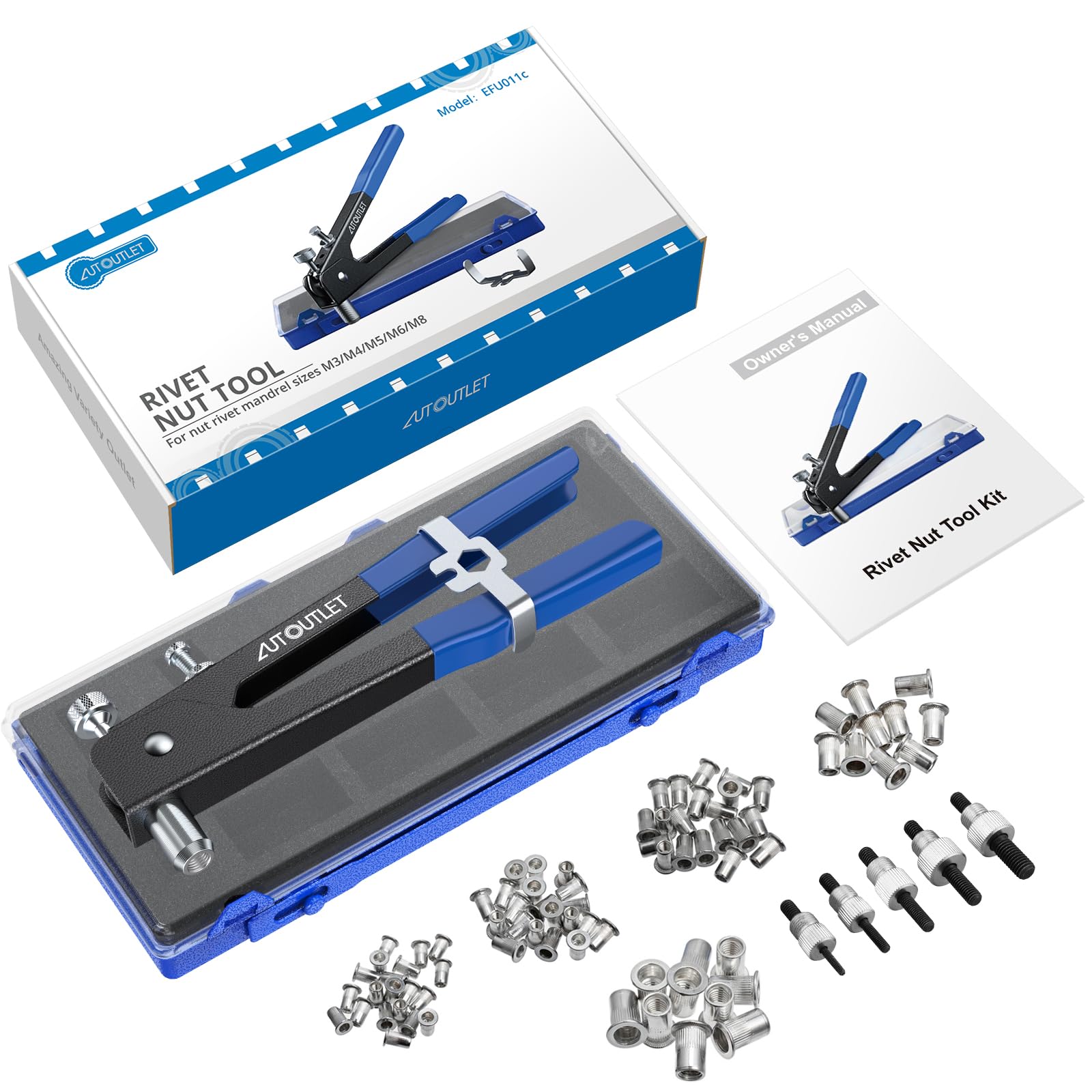 AUTOUTLET - Juego de 86 Pinzas para Tuerca de Remache con Mandriles M3, M4, M5, M6, M8 y 80 Tuercas de Remache, Pinza de remachar roscada de 25,4 cm, Pinza para remachar Ciego, Azul