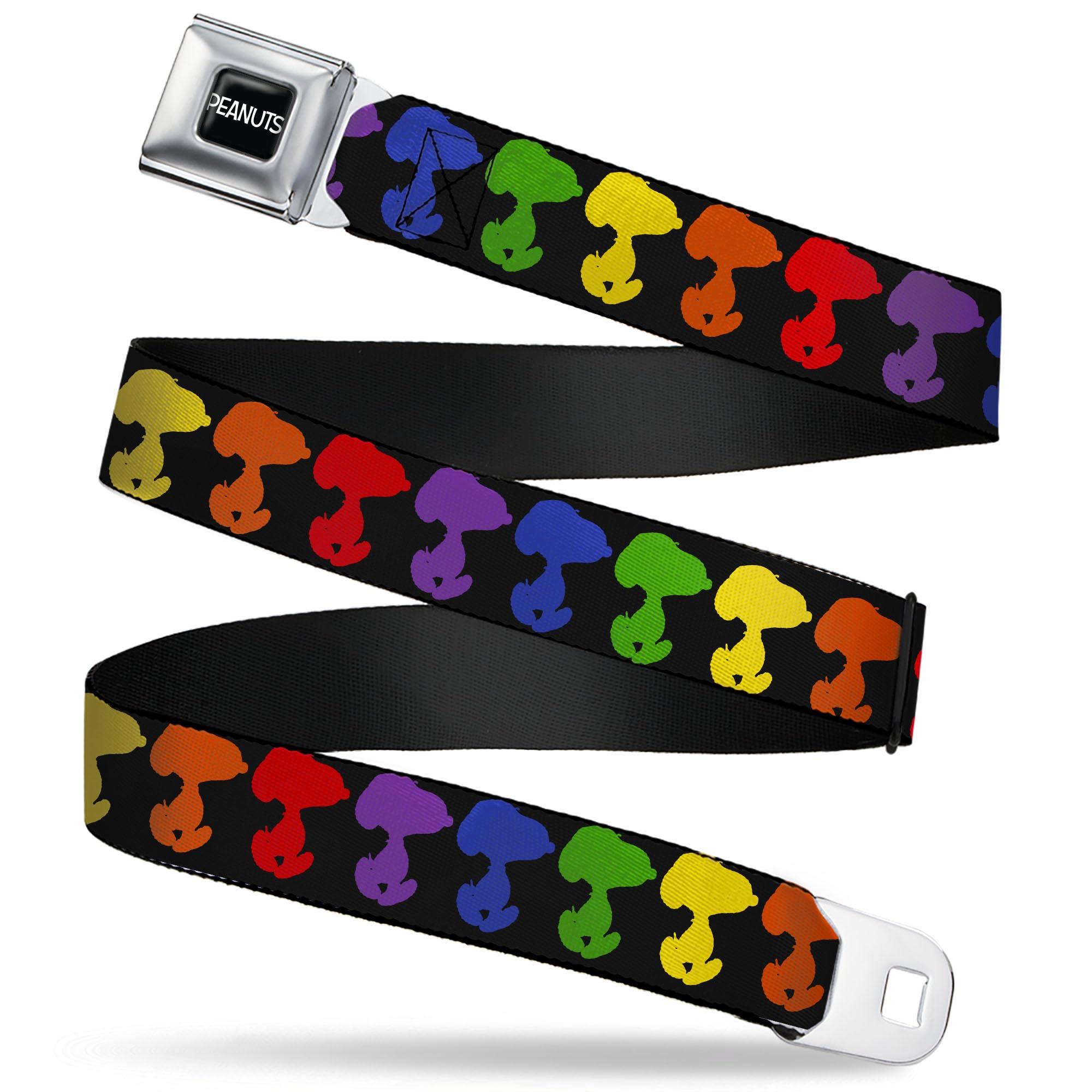 Peanuts Worldwide LLC Belt, Seatbelt Buckle Belt, Peanuts Snoopy Silhoutte Pose Black Rainbow Multi Color, Youth 20 to 36 Inches