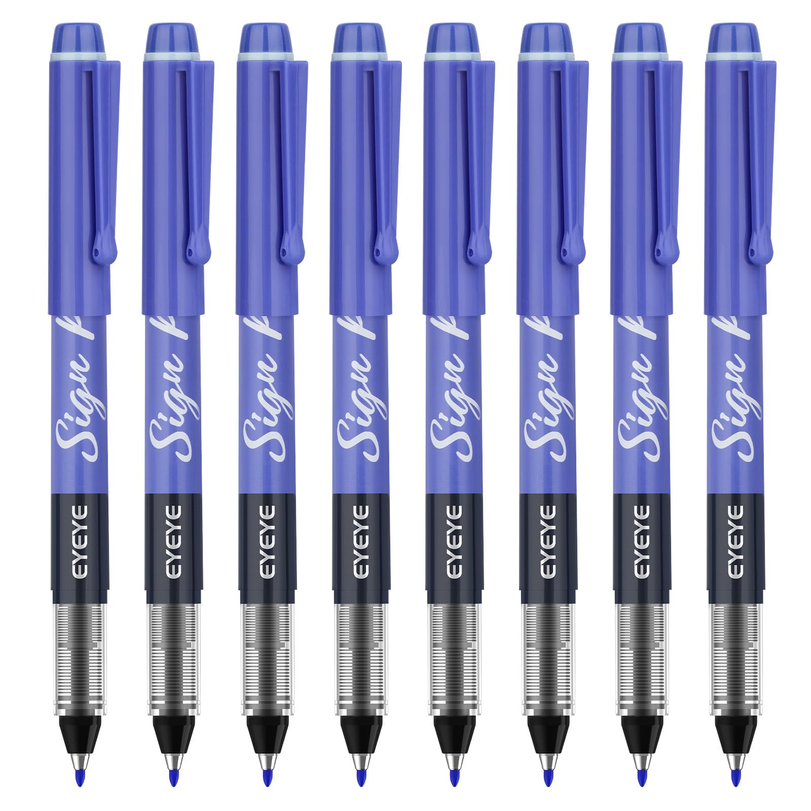 EYEYE Sign Pen Liquid Ink Tip Pack of 8 Blue - 1.0mm Nib Tip 0.6mm Line Width Sign Fibre Tip Point - Fineliner Marker Pens