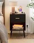 Modern Nightstand with Charging Station and LED Light, Night Stand Black Bedside Table with Drawer and Storage Shelf, End Table with Gold Handle for Bedroom, Living Room, Black