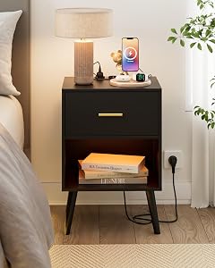 Modern Nightstand with Charging Station and LED Light, Night Stand Black Bedside Table with Drawer and Storage Shelf, End Table with Gold Handle for Bedroom, Living Room, Black
