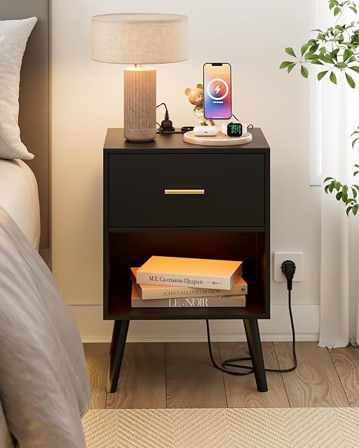 Modern Nightstand with Charging Station and LED Light, Night Stand Black Bedside Table with Drawer and Storage Shelf, End Table with Gold Handle for Bedroom, Living Room, Black