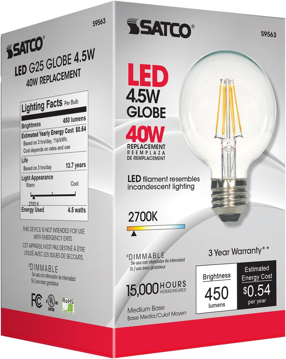 Satco S9563 G25 LED Clear Medium Base Light Bulb, 4.5W