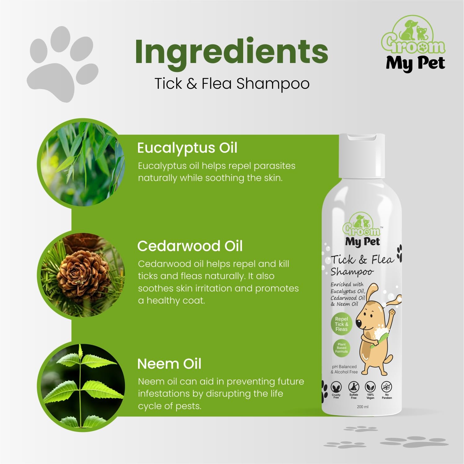 Groom My Pet Tick & Flea Shampoo-200ml | Repel Tick & Fleas | pH Balanced & Alcohol Free | Eucalyptus, Cedarwood & Neem | for All Breeds & Sizes of Dogs | Anti-bactrial & Anti-fungal 3