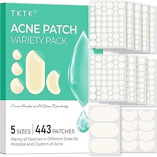 TKTK 443 Count Pimple Patches for Face, Hydrocolloid Acne Patch Bulk, Acne Stickers for Covering Cheeks, Forehead, Chin Blemishes Zit Breakouts for All Skin Types (Dots, Strip, Contoured 5 Sizes)