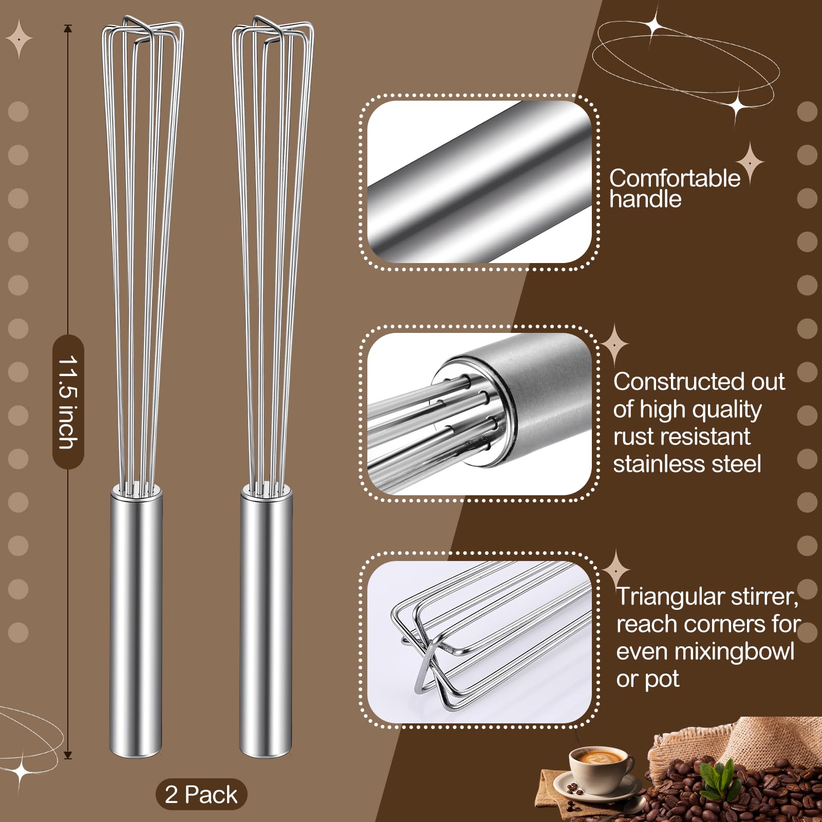 Baderke Paquete de 2 batidores de café espresso de mango largo de 10.6 pulgadas, diseño triangular de acero inoxidable, apto para café, leche de chocolate, proteína en polvo, herramienta de batidor de