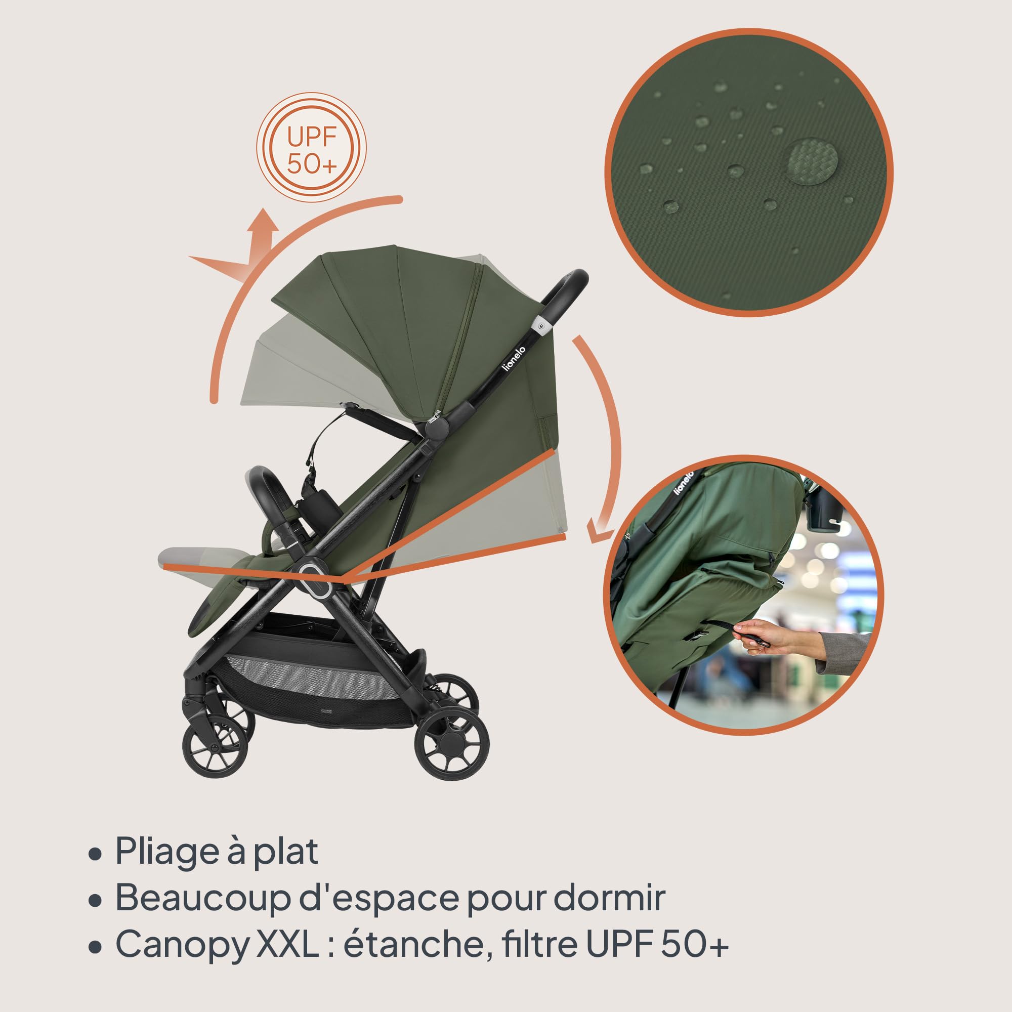 LIONELO Poussette Bébé Bess jusqu'à 22 kg de 6 mois à 4 ans Roues Pivotantes en PU 360 ° Pliage avec Une Main, Dossier Réglable, Canopy Imperméable Poids Léger 7,5 kg, Panier à Courses (Green)