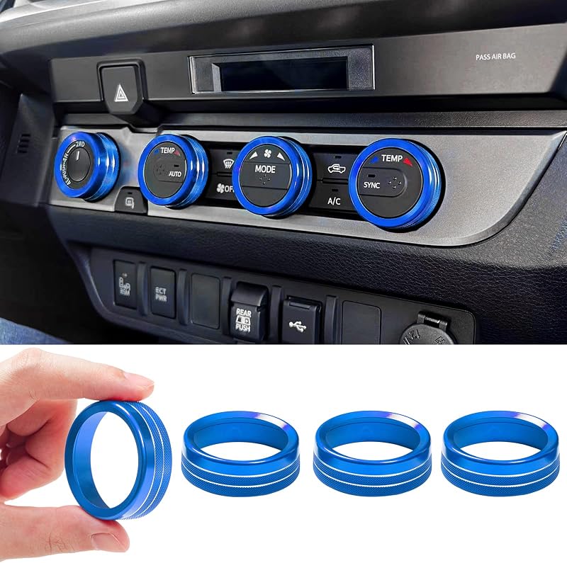 Capas para Manoplas de Câmbio e Ar-Condicionado JKCOVER em Alumínio Azul Compatíveis com Toyota Tacoma 2016 a 2023, Kit com 4 peças