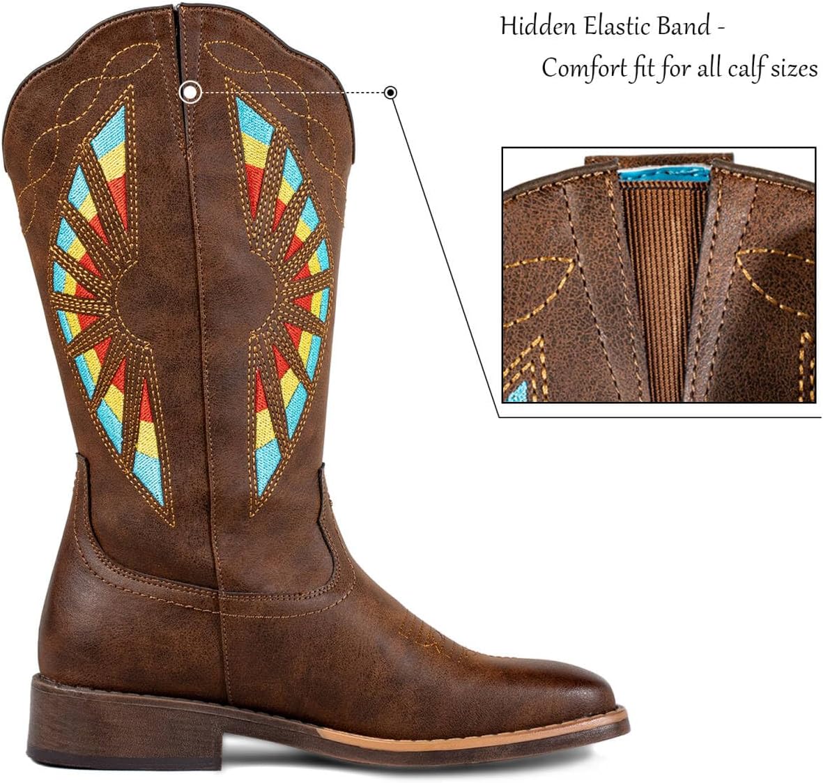 SheSole Cowboy Boots for Women Wide Calf Western Cowgirl Boot Square Toe Fashion Rainbow Embroidery Brown