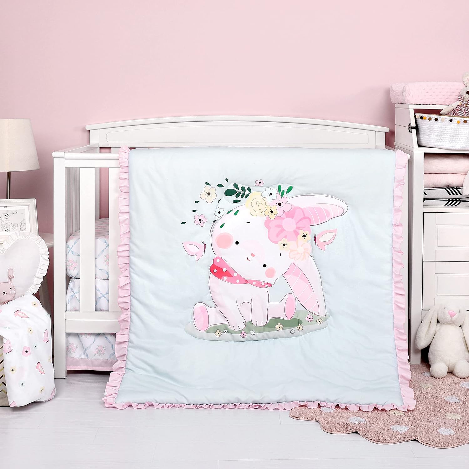 TILLYOU 4-Piece Bunny Theme Crib Bedding Set for Girls, Luxury Nursery Bedding Essential Including 1 Padded Comforter, 1 Crib Skirt and 2 Silky Soft Microfiber Crib Sheets, Standard Size, Aqua