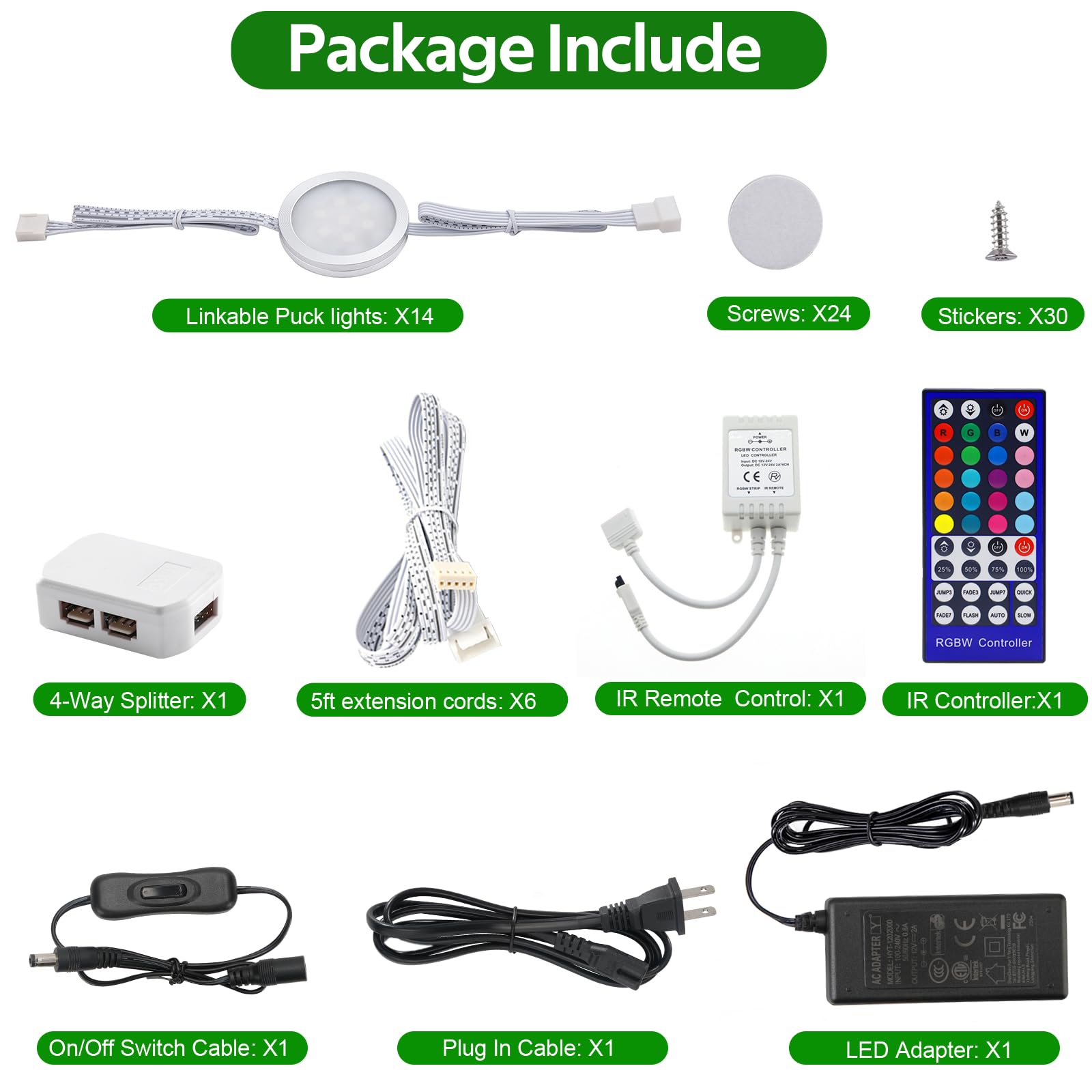 AXMVEZ RGB+Warm White Color Changing Under Cabinet Lighting Kit,Under Cabinet LED Closet Lights Puck Light with IR Remote,Dimmable Under Counter Lighting for Wardrobe Kitchen Hard Wired 14 Lights