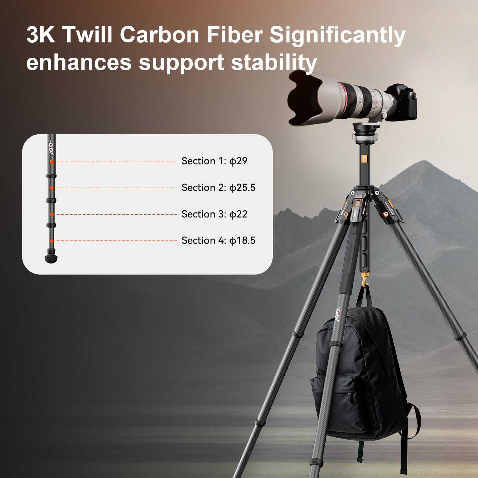 COMAN EIN-klick-Vollausziehbares Carbonfaser-Kamerastativ, Professionelles Videostativ, Kugelkopf für schnelle Nivellierung, Tripod Maximale Höhe 165cm, Maximale Tragkraft 20kg (T1S)