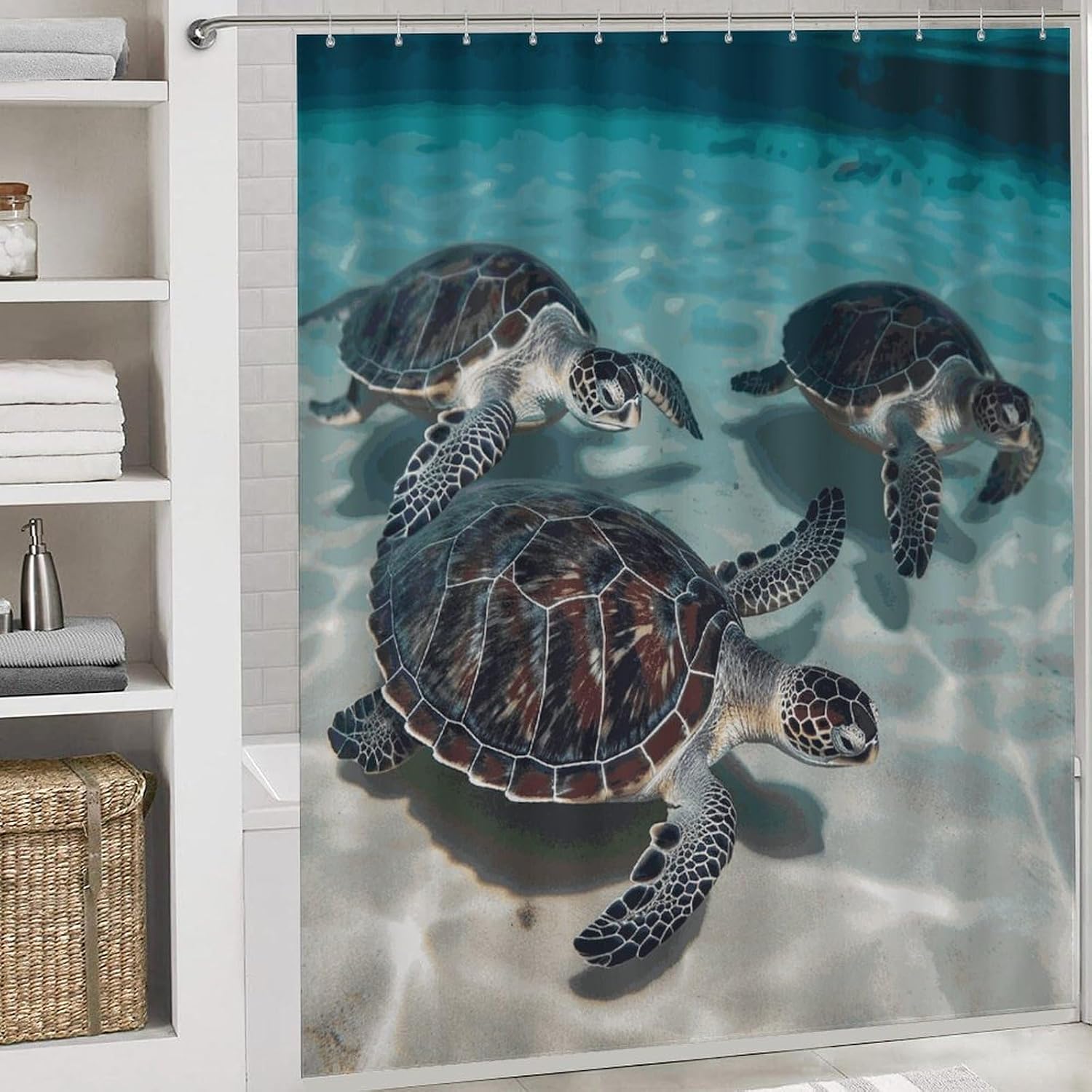 Sea Turtles Bathroom Rugs Sets 4 Piece | Shower curtain sets, non-slip absorbent soft flannel bath mat, u-shaped toilet mat & lid cover, bathroom decor accessories