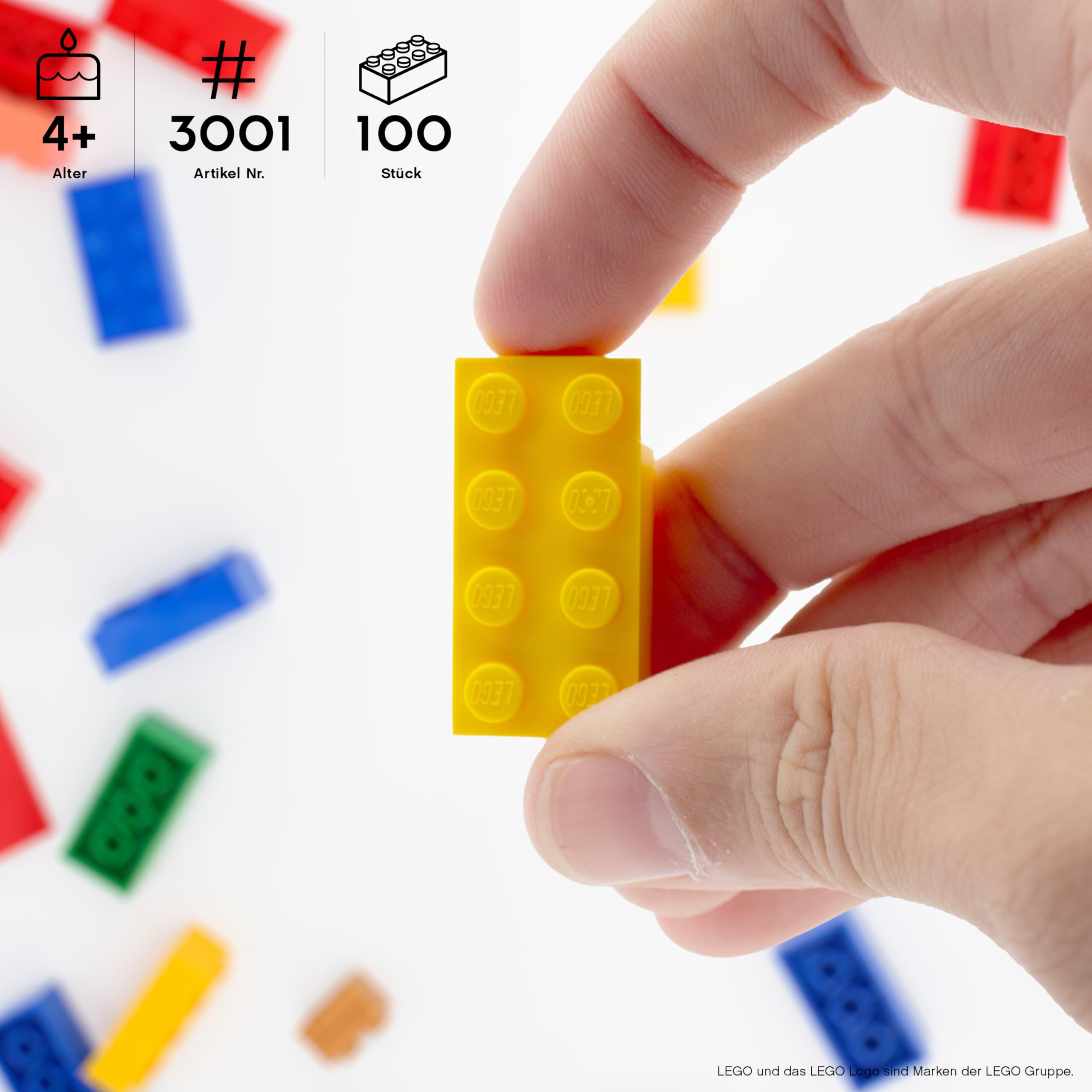 Lego 2x4 Piedras clásicas, 100 unidades – bloques de construcción individuales en paquete grande, para placa y caja Lego, juego de principiantes, ladrillos básicos (3001) (amarillo)