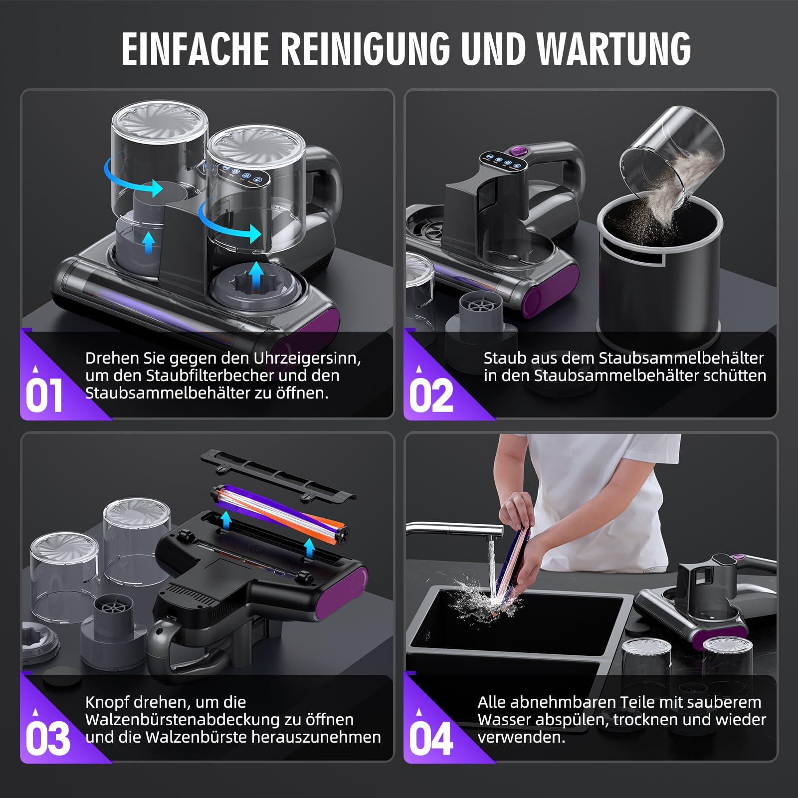 Milbensauger für Matratzen Milbenstaubsauger mit 253,7nm UV-Licht 16Kpa Bett-Staubsauger Bürstenwalzenklopfen HEPA Filter Ultraschall Heißer Wind Funktion Verbreiterte Saugöffnung