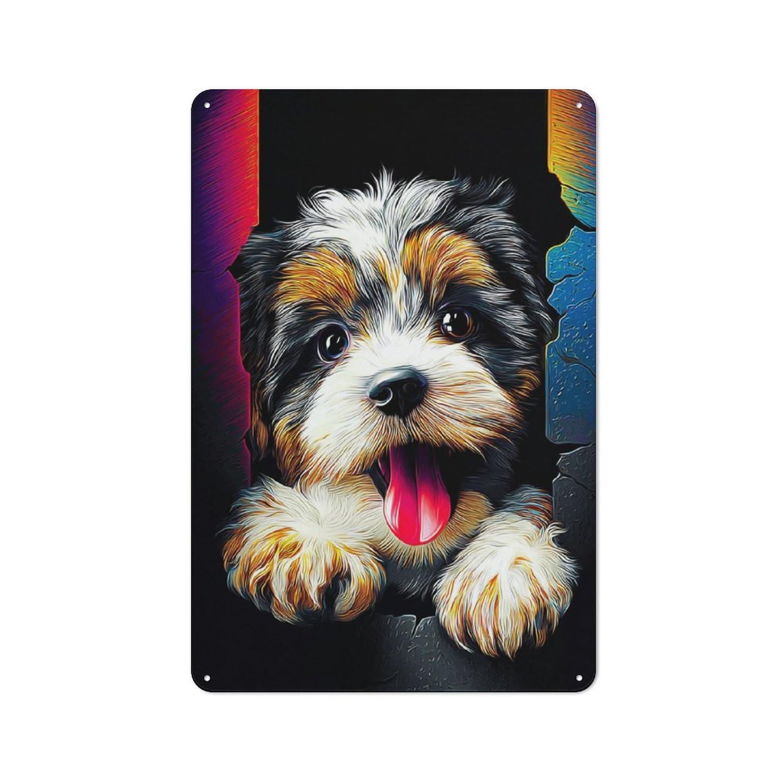 Junmoney Colorful Puppy Peeking Through Wall Retro Tin Wall Plaque 30X20cm For Garage Or Workshop, A Metal Wall Feature For Garages And Tool Rooms