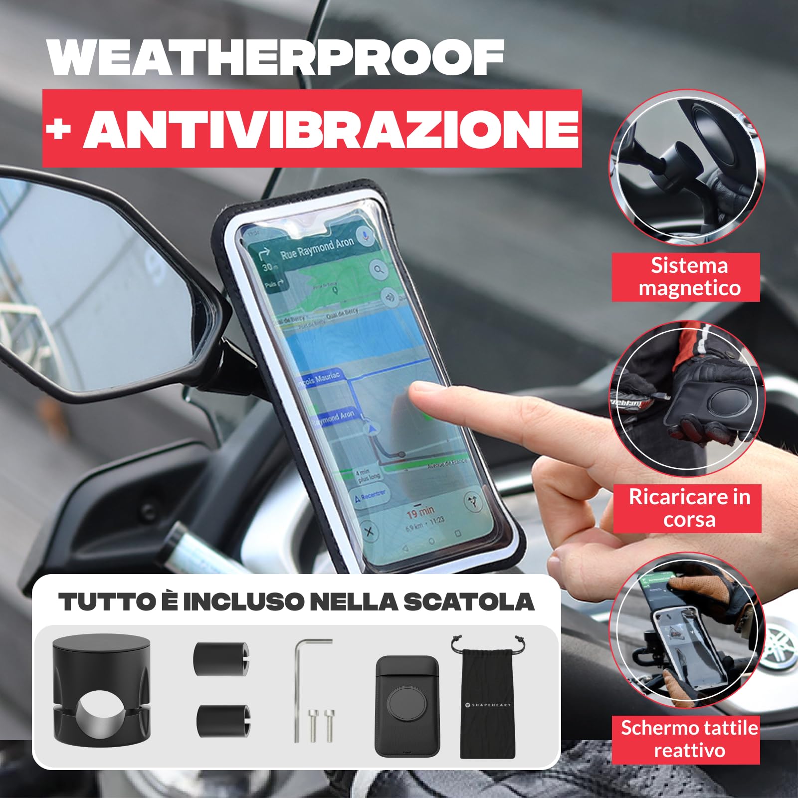 Shapeheart - Porta cellulare scooter specchietto antivibrazioni. Supporto telefono scooter impermeabile con tasca magnetica, fino a 250 km/h. 100% universale. Porta telefono scooter per retrovisore