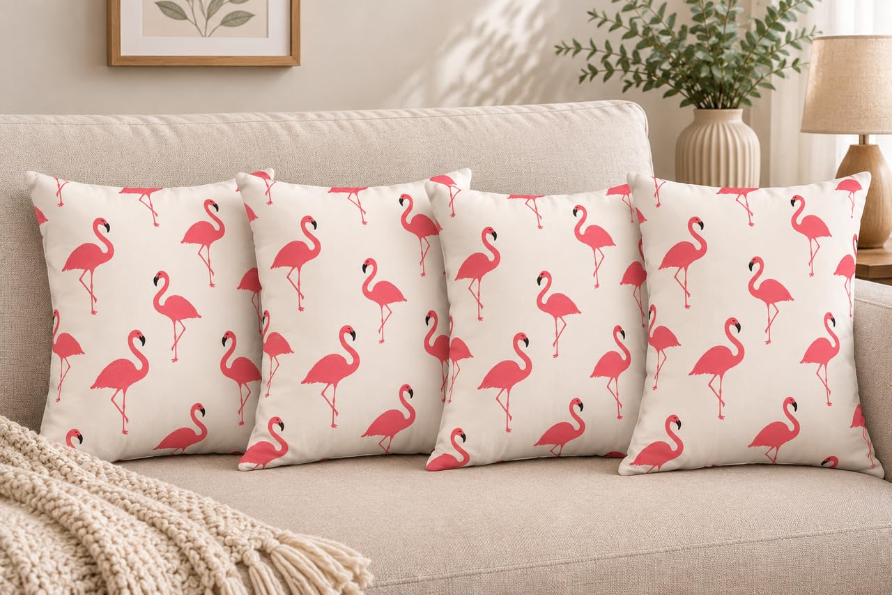 Flamingo Bird Print Throw Pillow Cushion Covers Set of 4 – 40x40 cm Cotton Bird Print Decorative Covers for Sofa Couch Living Room – Beige & Pink Home Décor-image-3
