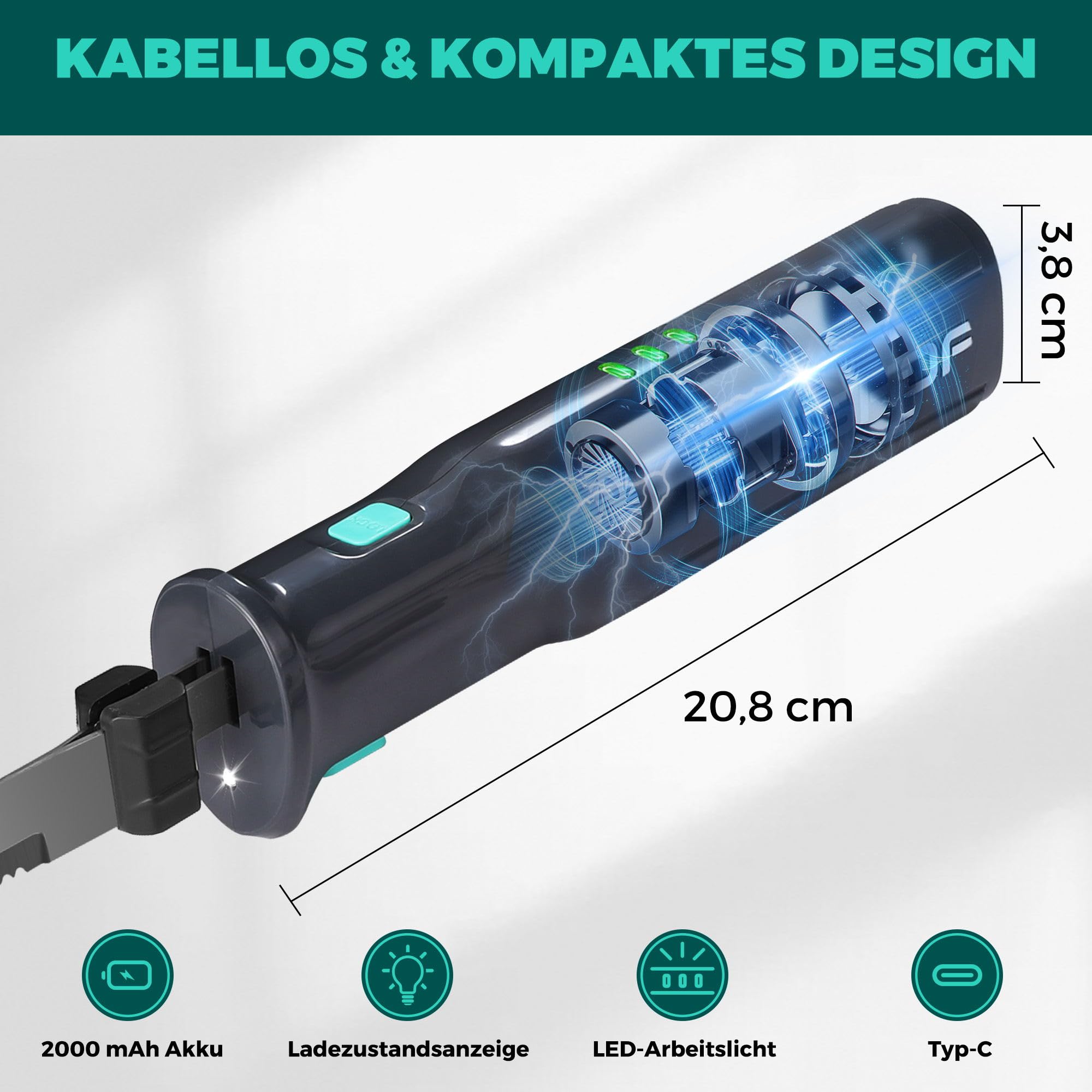 HAUSHOF Kabelloses Elektromesser 2000 mAh Edelstahlklingen mit Gabel Grau