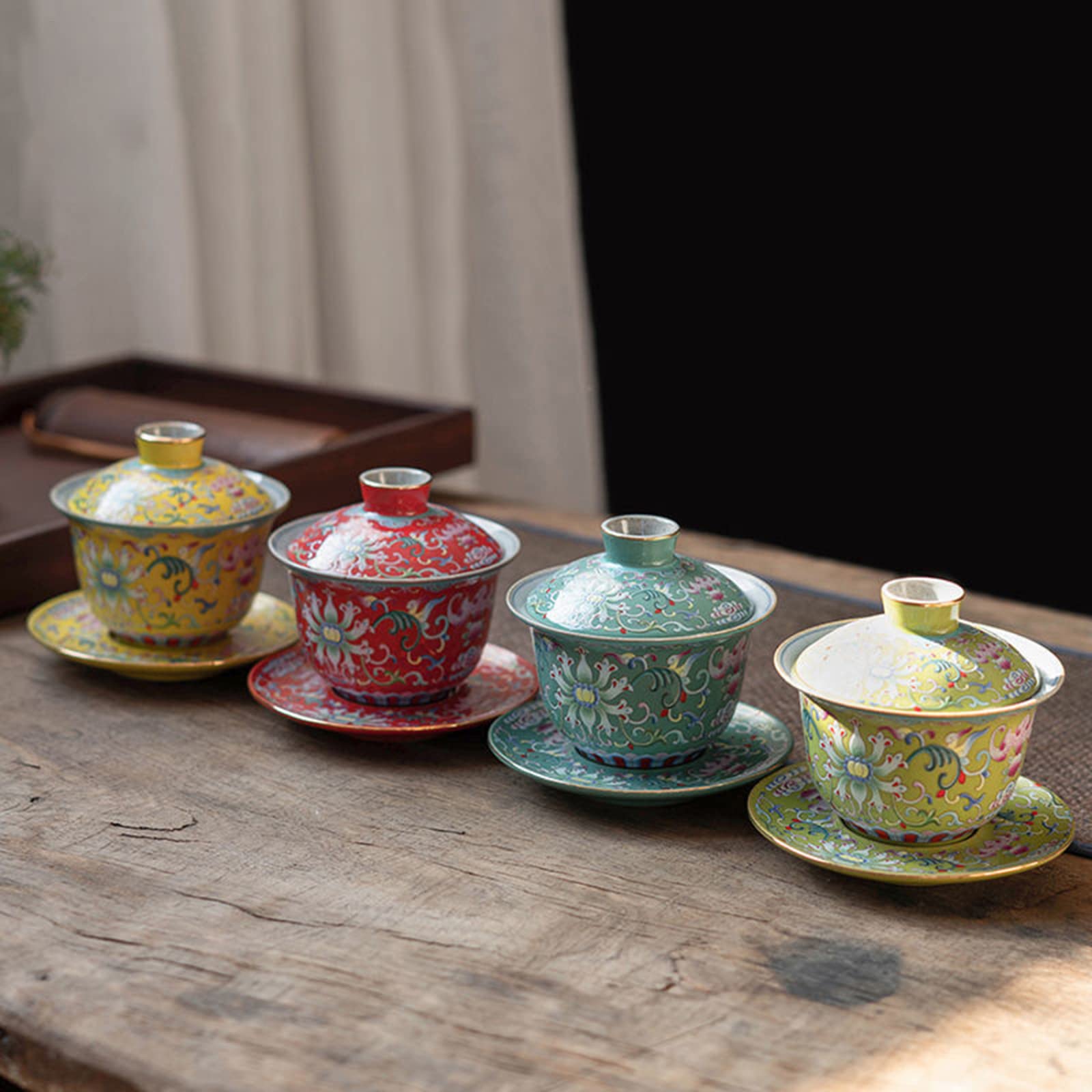 Amazon｜手绘蓋碗 茶杯 茶碗 150ml （高さ 9cm×径 10cm）エナメル