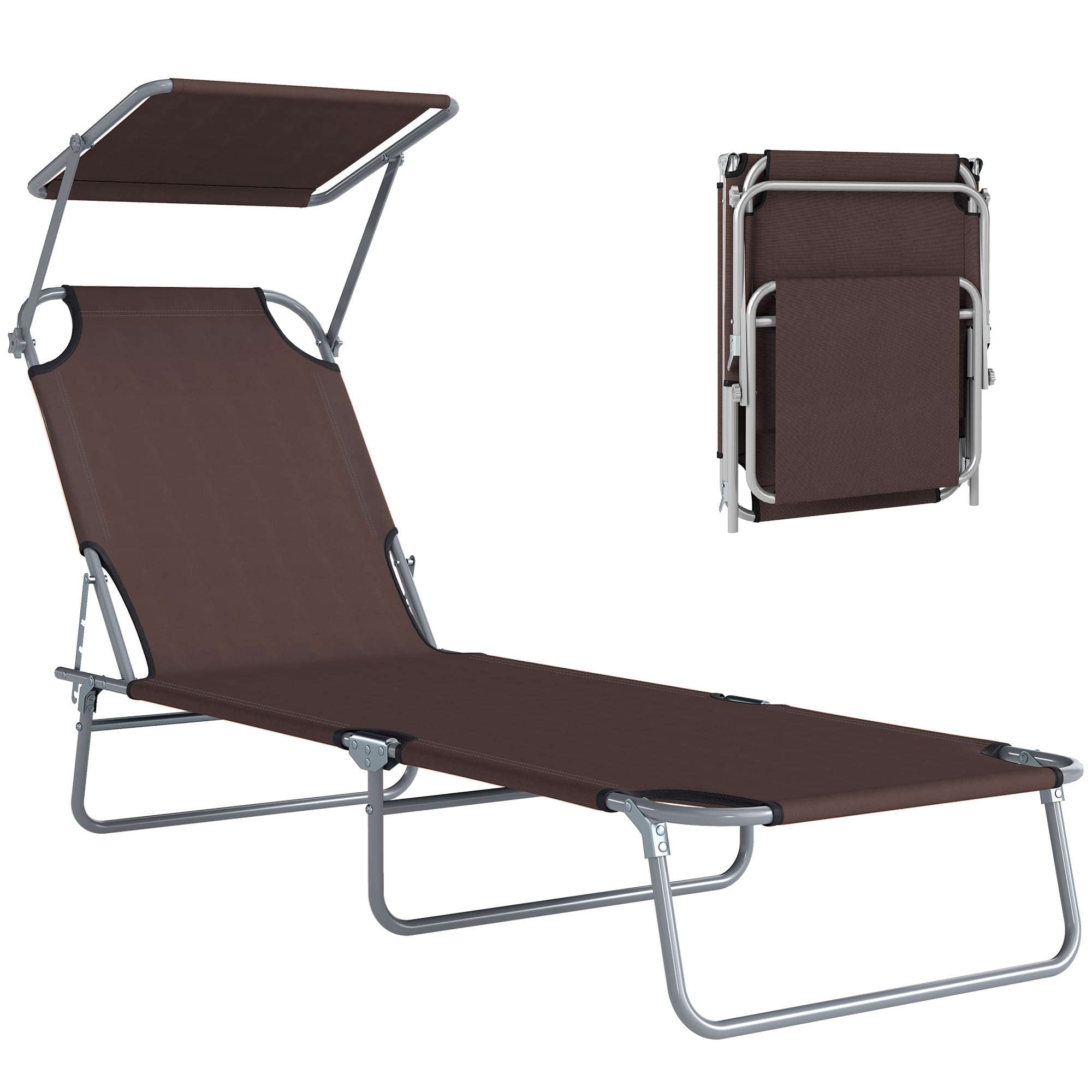 Outsunny Folding Sun Lounger with Canopy, Reclining Sunbed with 4-Position Adjustable Backrest, 600D Oxford Cloth, Portable Garden Lounger Recliner Chair for Beach, Camping, Patio, Brown