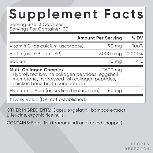 Miniatura 5 de Sports Research Complejo de péptidos de colágeno con infusión de biotina con ácido hialurónico  5 tipos de colágeno múltiple para soporte del