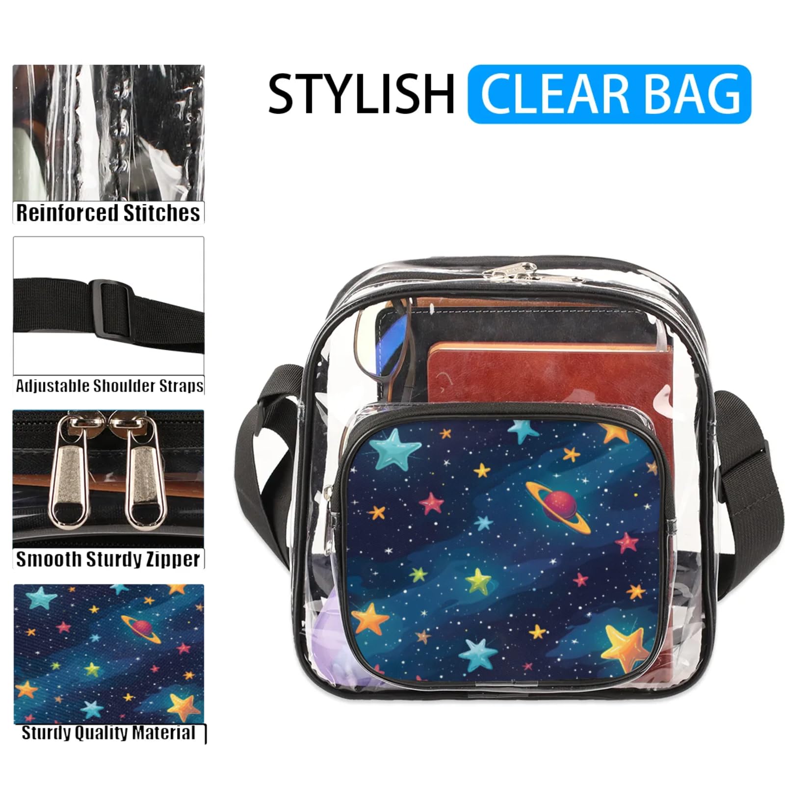 Clear Crossbody Bag Stadium Approved Universe Stars Transparent Bag for Festivals, Sports Events, Concerts,Beach Bag for Women Men Clear Purse with Front Pocket Messenger Bag with Adjustable Strap