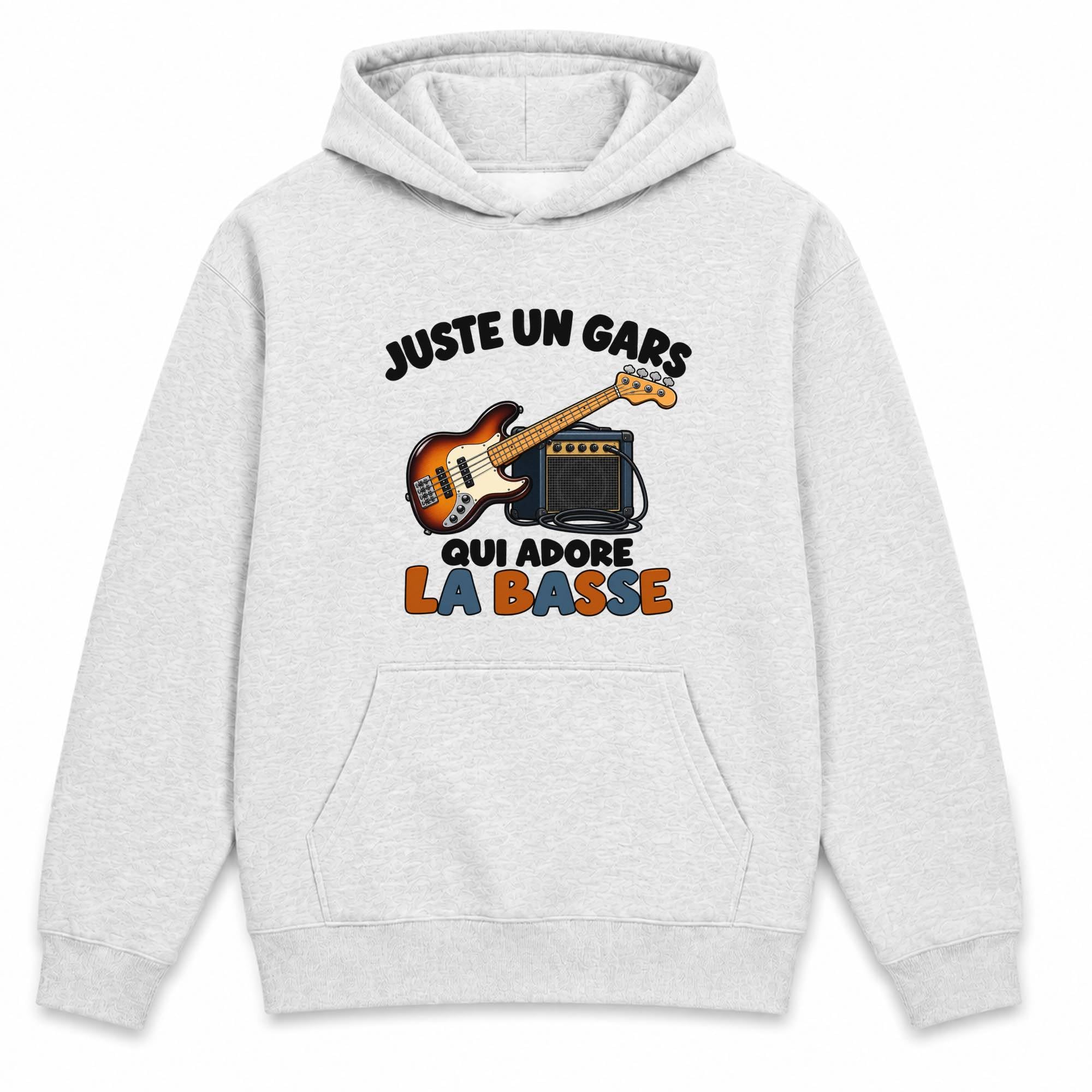 Planetee Sweat à Capuche Juste Un Gars Qui Adore la Basse | Hoodie en Molleton Gratté 280 g/m² Gris Chiné avec Poche Kangourou | Unisexe XS à 5XL | Cadeau Bassiste Anniversaire