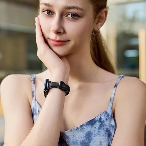 Miniatura 5 de Paquete de 2 correas delgadas de cuero genuino compatibles con Apple Watch Band de 1.496 pulgadas, 1.575 pulgadas, 1.614 pulgadas, 1.654 pulgadas,