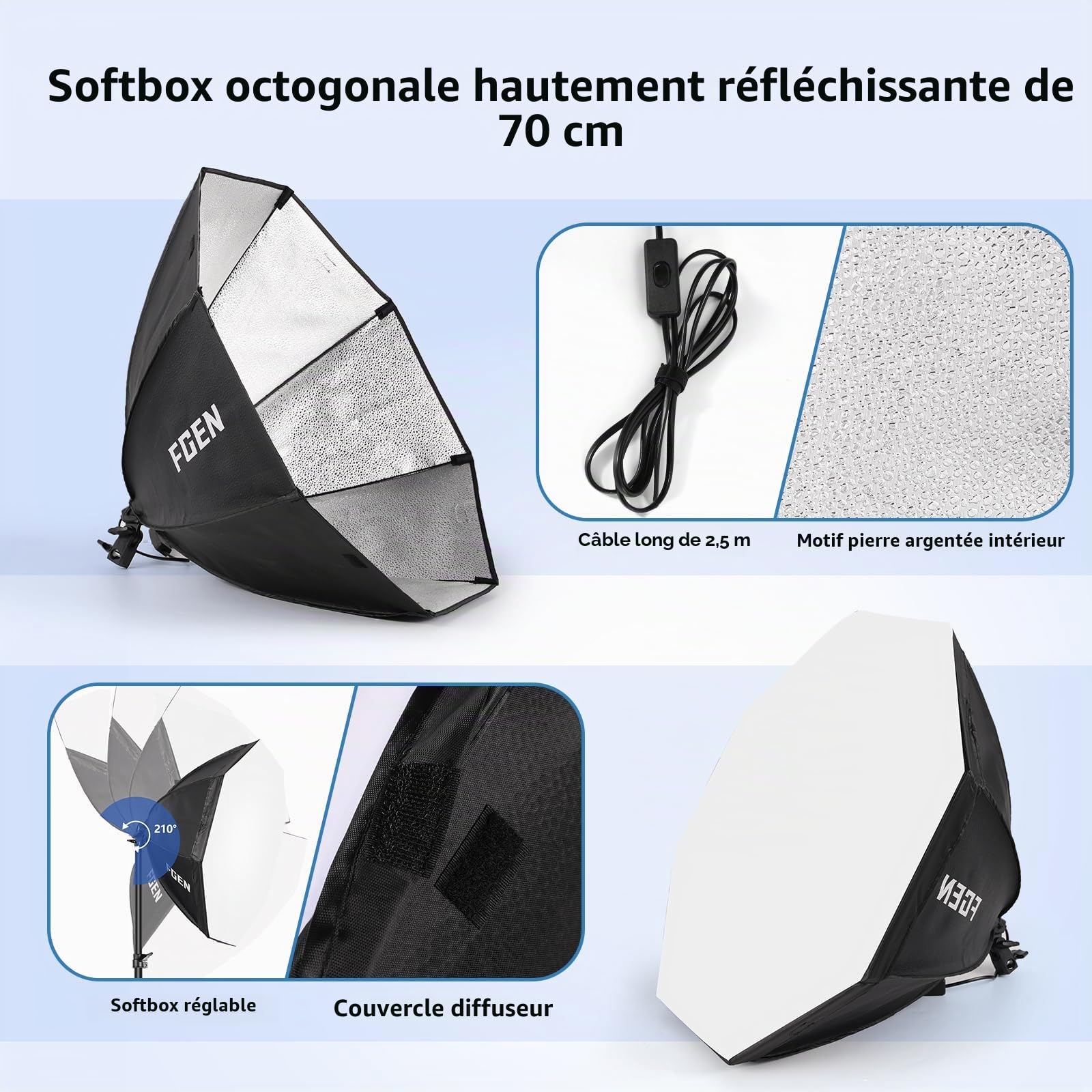 FGen Softbox Set Photo Studio, 70 cm Octogonal Softbox LED Photo Light avec 135 W 3000-6500 K, 2 m Trépied Entièrement Réglable Lumière de Photographie pour Youtube, Enregistrements