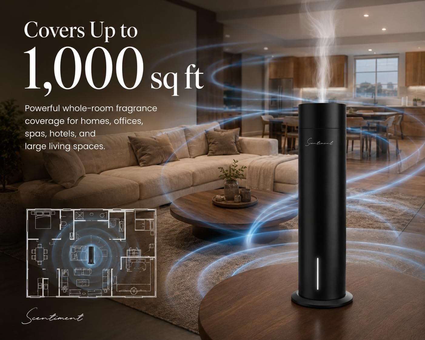 Diffuser Air 2 with Cold-Air Diffusion Technology | Covers 1,250 Sqft | Rechargeable Battery & Wi-Fi Control | 3 Luxury Hotel-Inspired Scents | The One, Ocean Breeze, Day Dream, Black