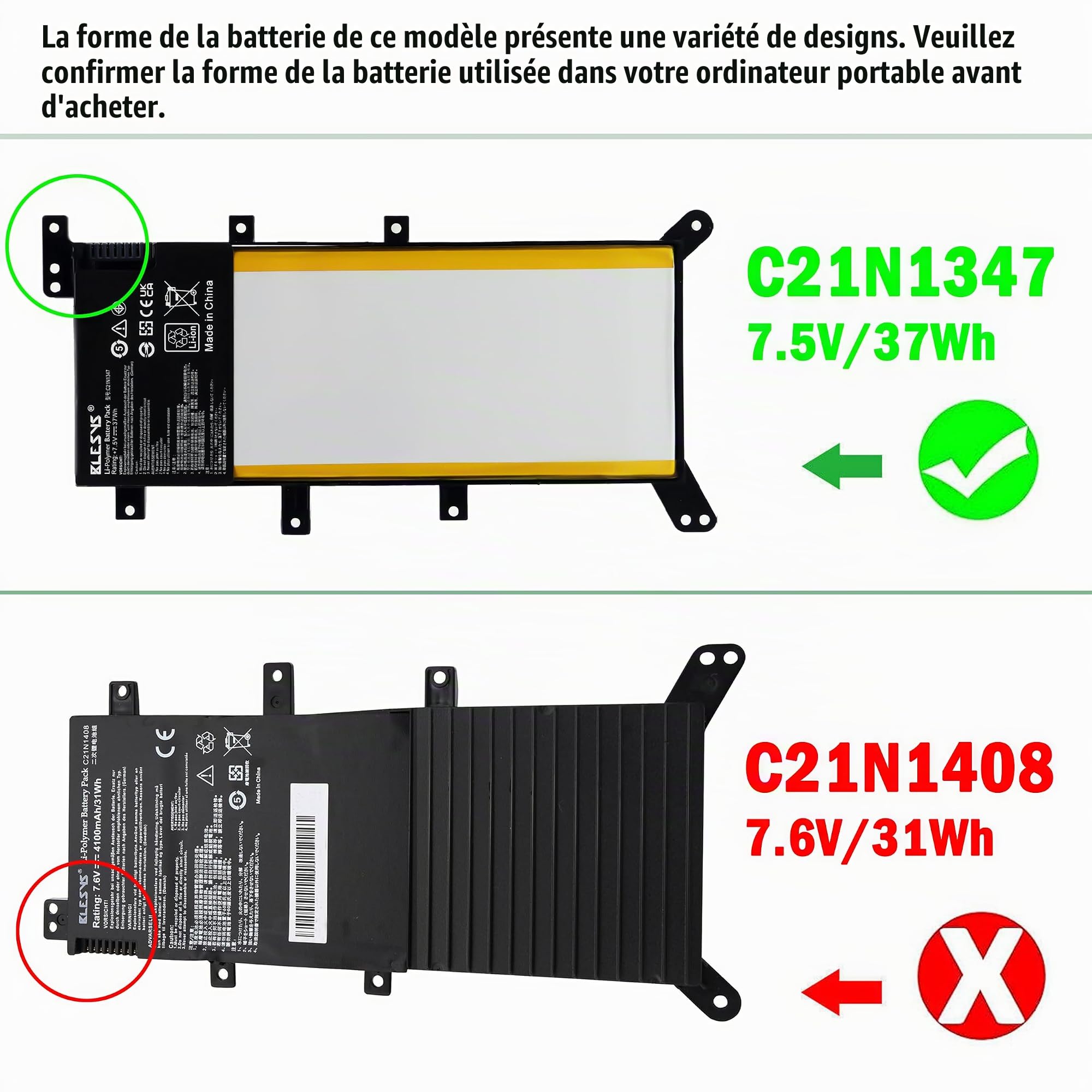 BLESYS C21N1347 Batterie pour ASUS X554L X555L F554L X554LA F555L X555Y X555Q X555LJ X555BP X555LN X555LF X555LA X554 X554LJ X555U X555UB K555L F555Q F555LA F555LJ PC Portable 7,6V Li-Polymer