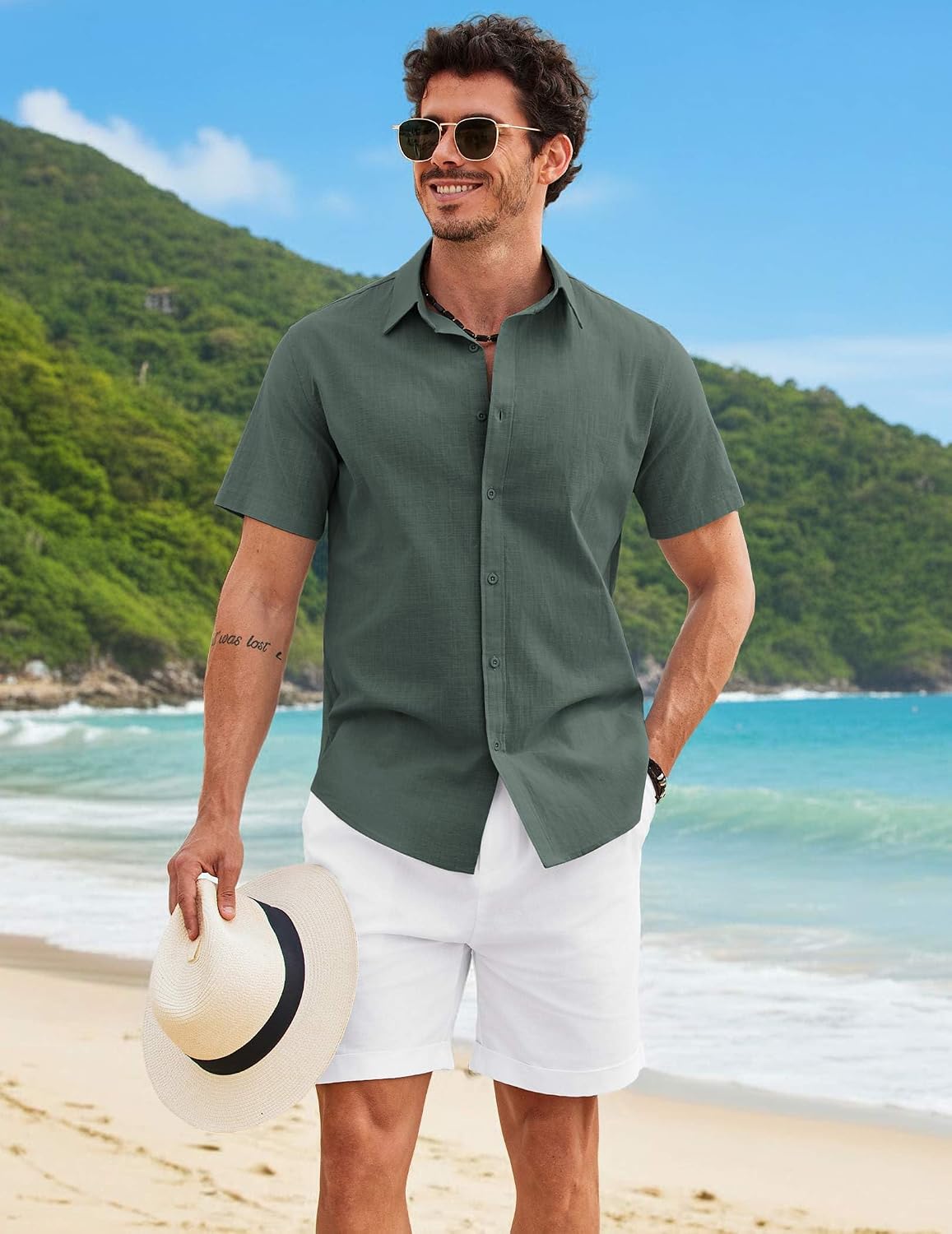 COOFANDY Mens Button Down Shirts Short Sleeve Casual Shirt Cotton Summer Beach Linen Wedding Shirts